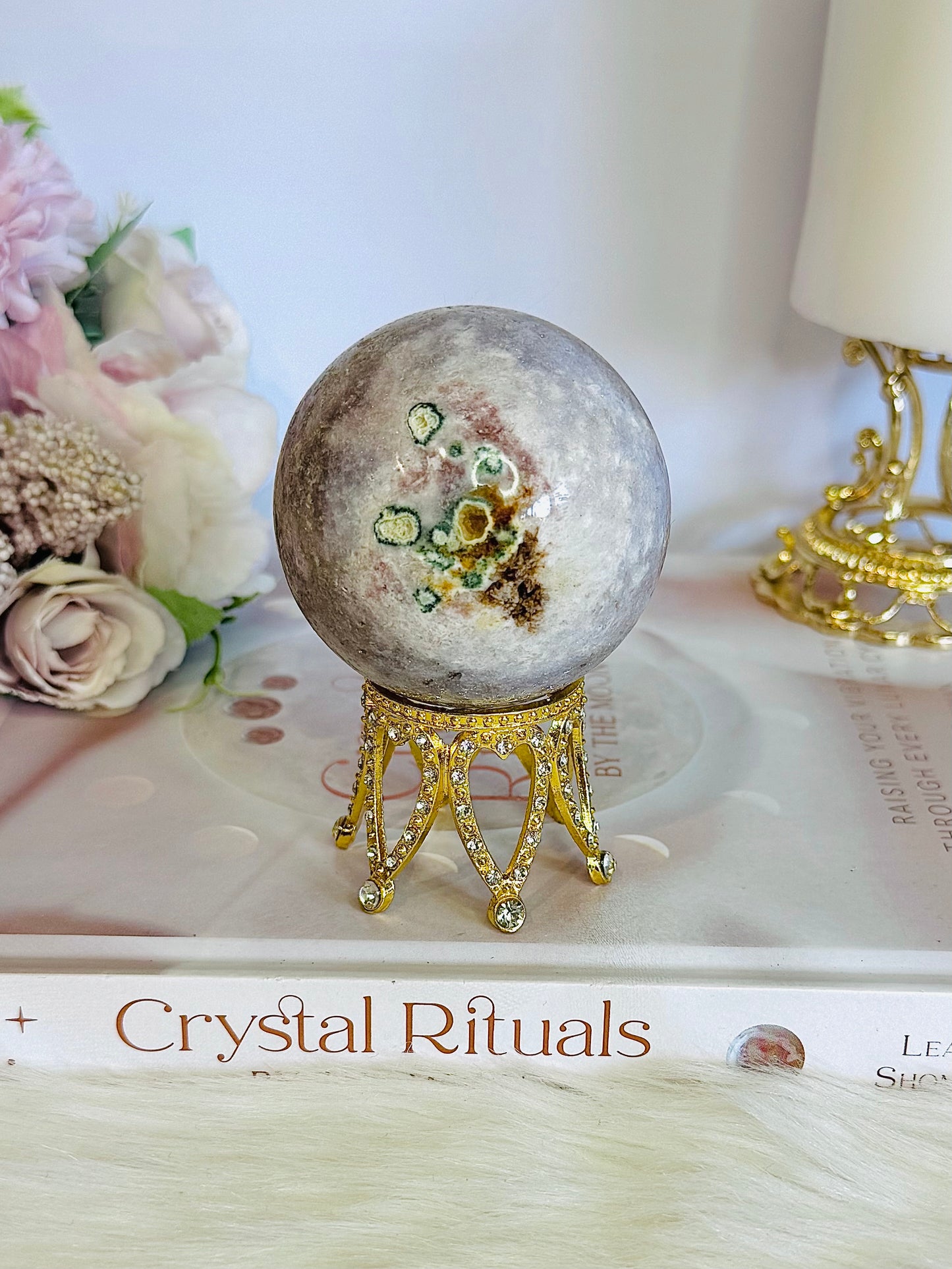 Natural Pink Amethyst Carved Sphere with Green Jasper Druzy on Gold Crown Stand