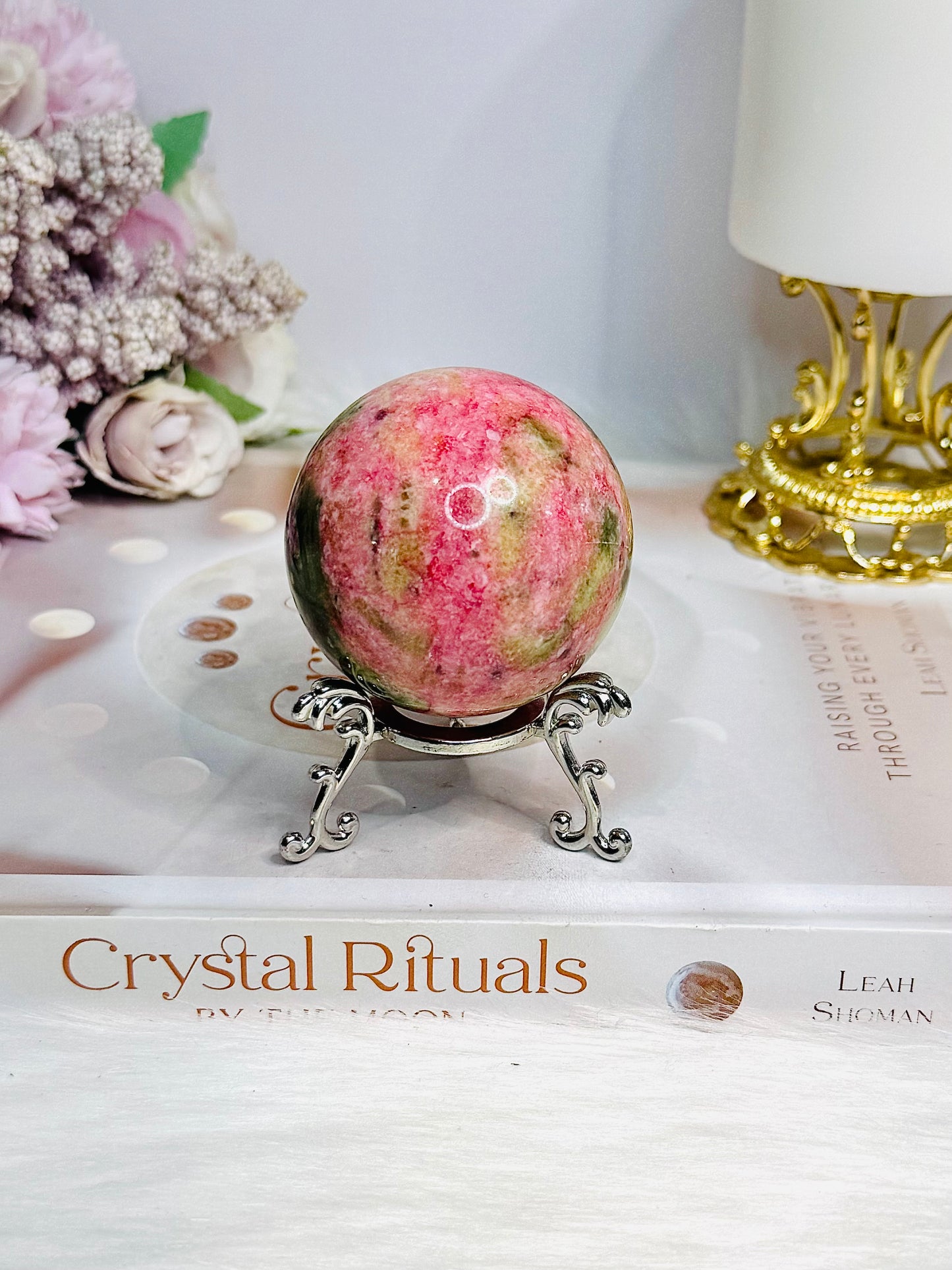 Thulite Sphere with Epidote 202g On Stand