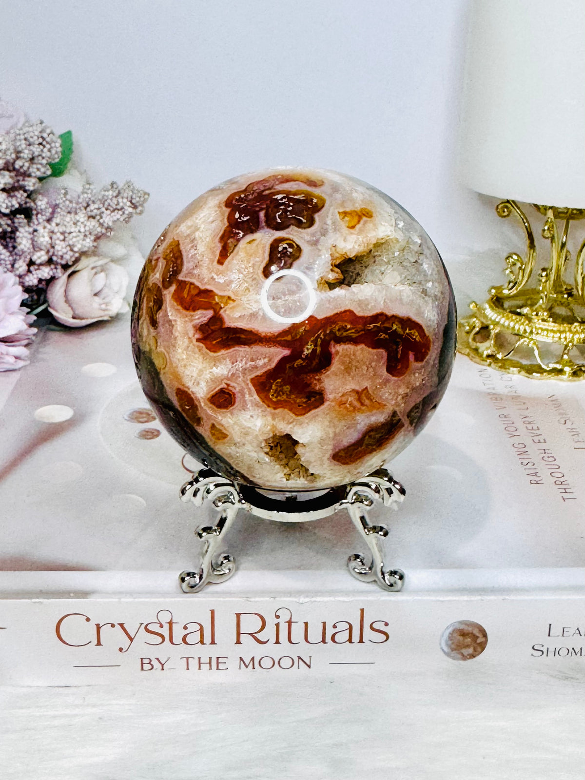 Large Druzy Red Moss Agate Sphere on Stand 510g