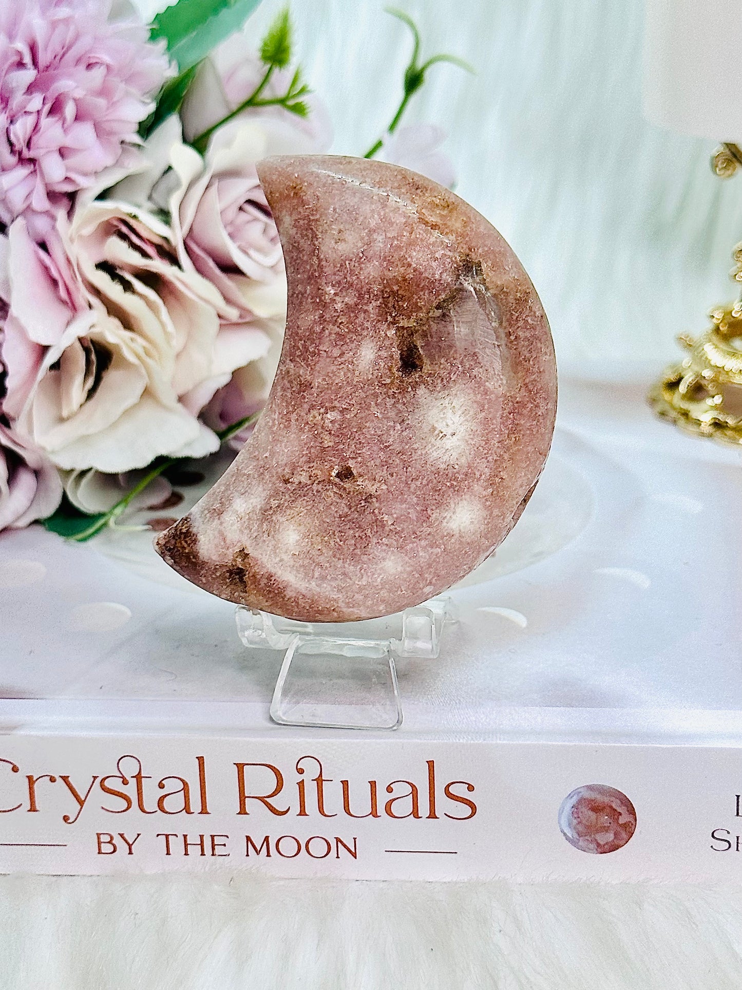 Beautiful Chunky Pink Amethyst Druzy Moon Carving From Brazil On Stand 8cm