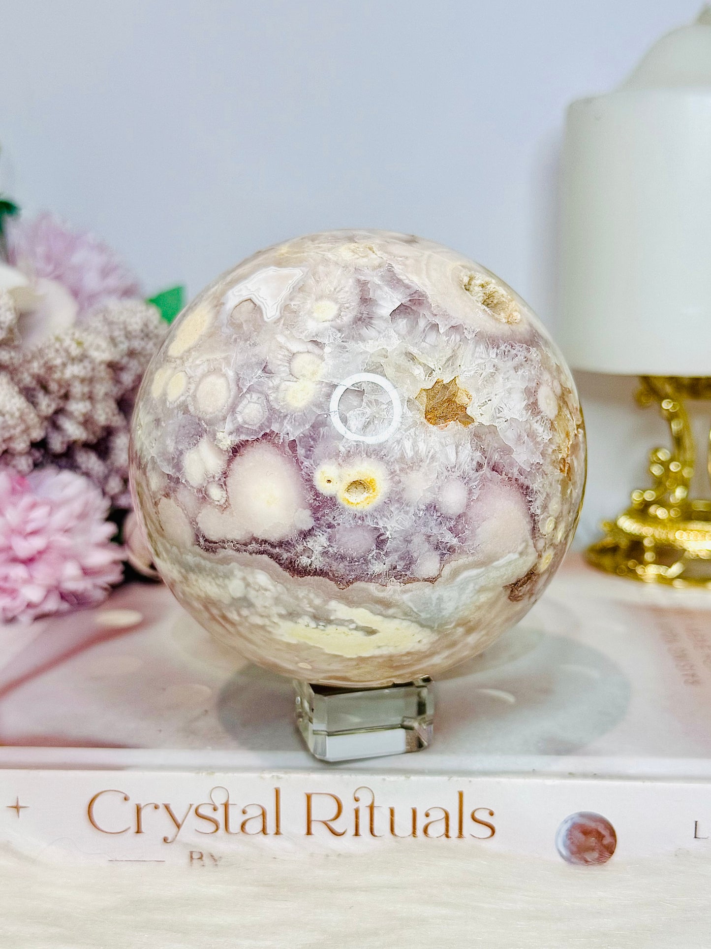 Rare Pink Amethyst X Flower Agate Large Sphere 890g On Stand