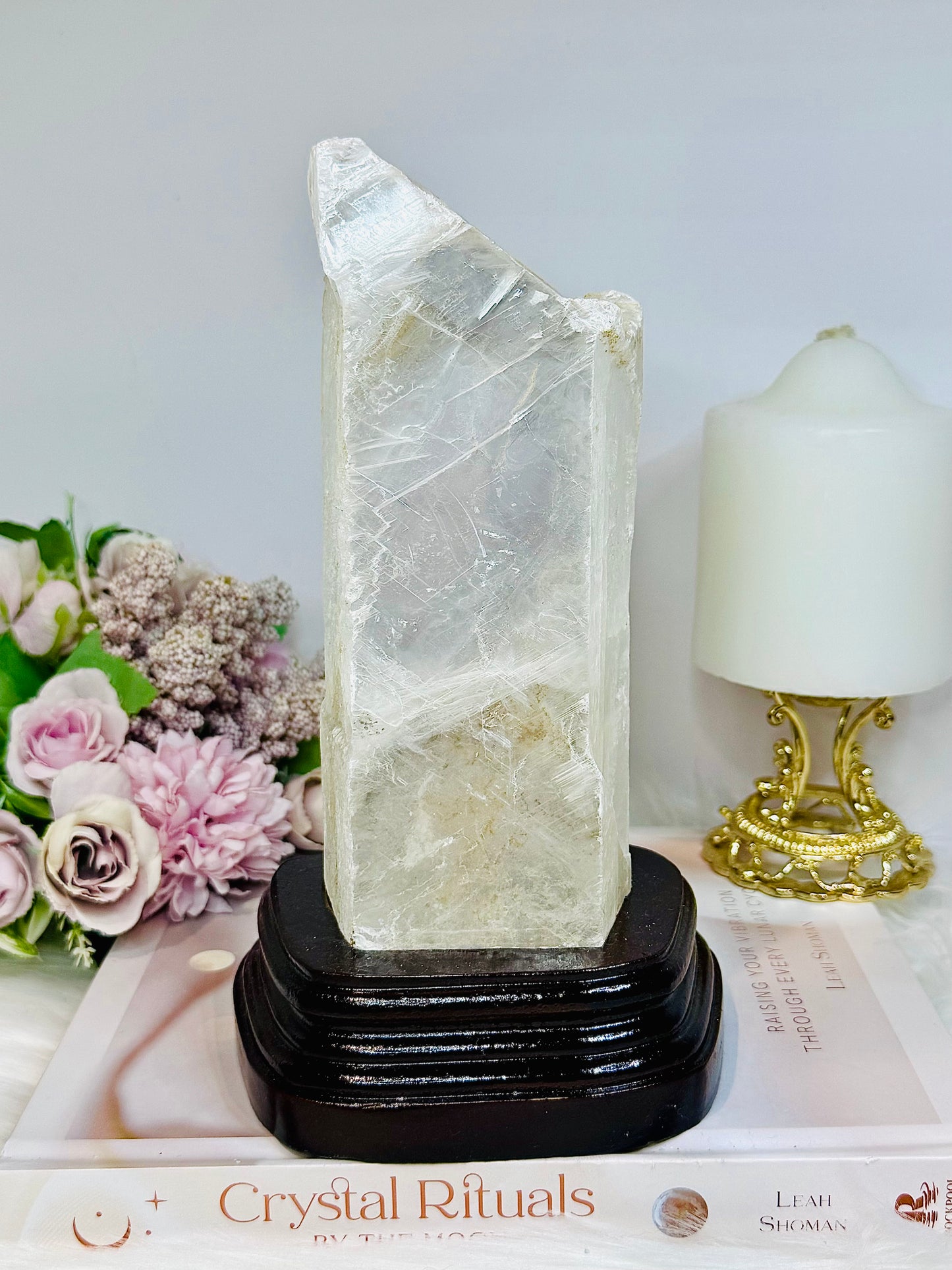 Large Natural Selenite On Timber Stand 21cm 1.1KG
