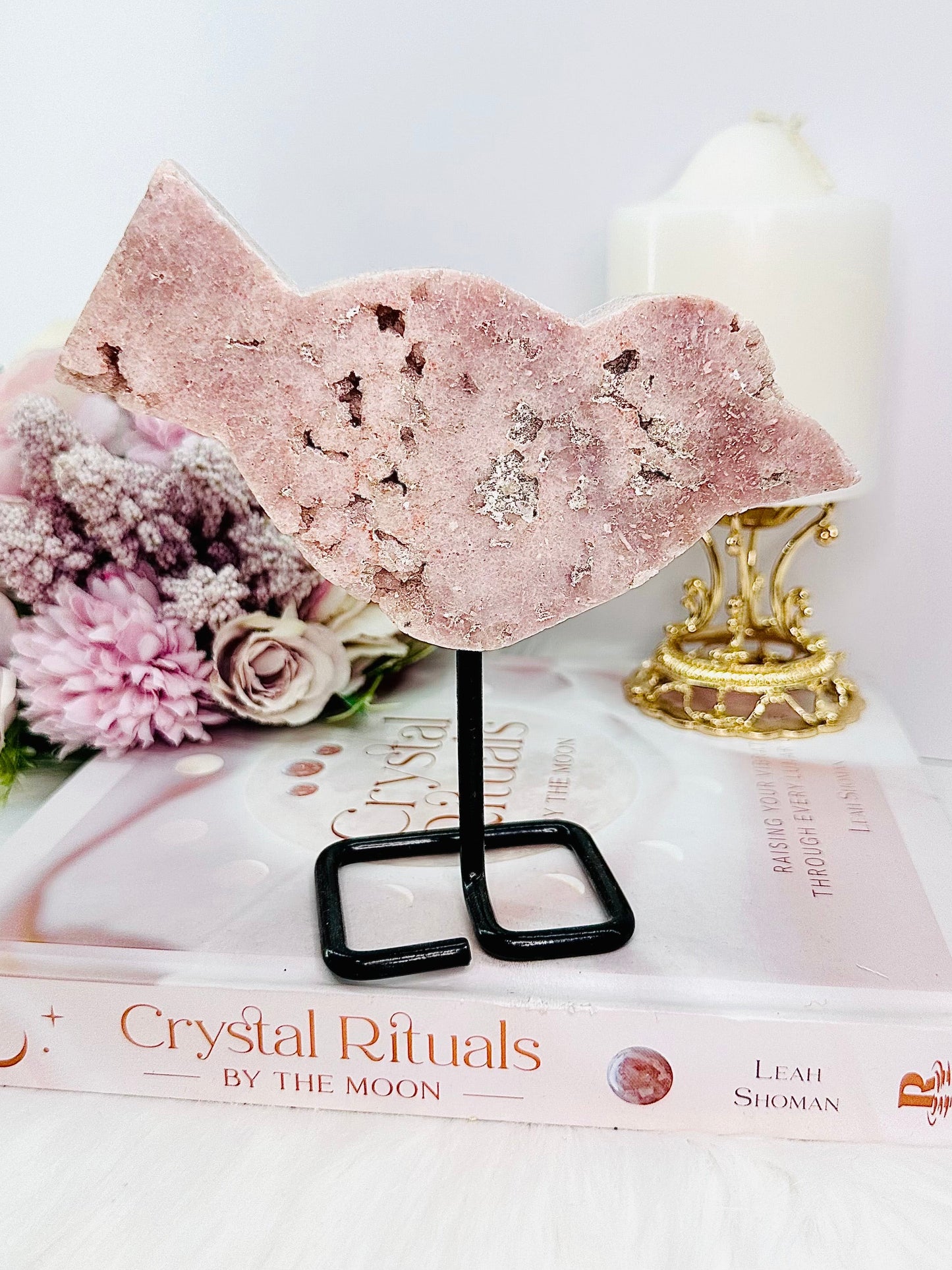 Large Chunky Druzy Pink Amethyst Craved Bird On Stand From Brazil 15cm