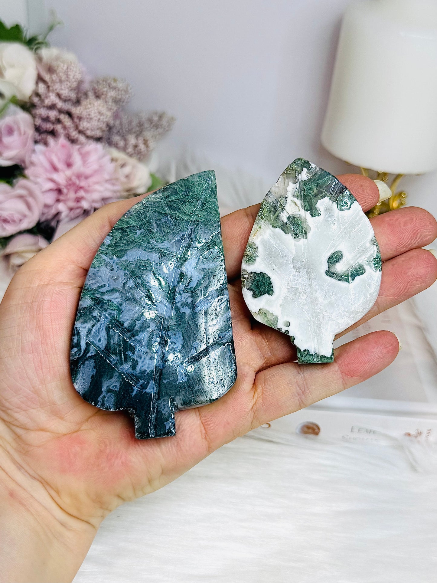 Moss Agate Carved Leaves 135g