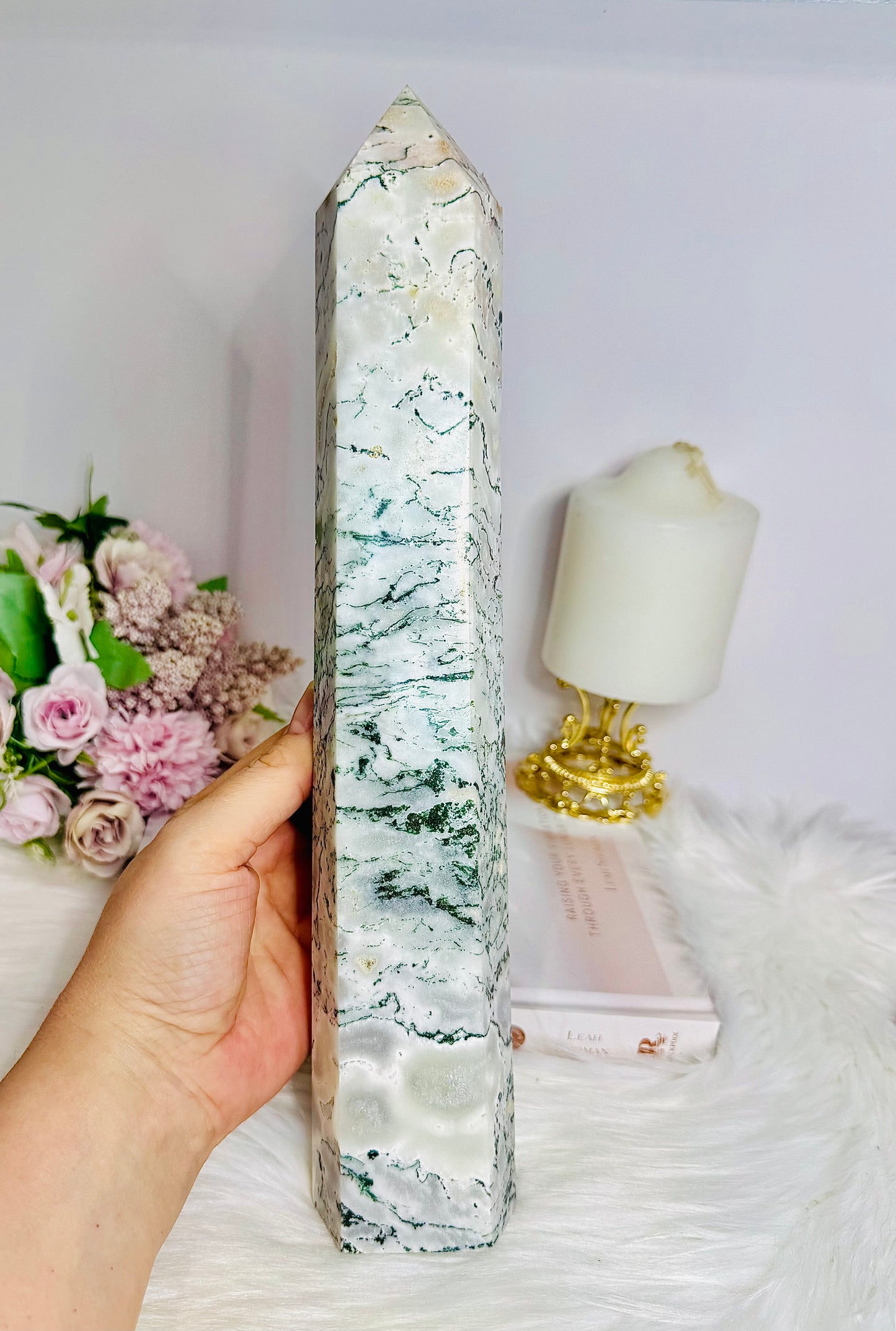 Huge Moss Agate in Quartz Druzy Tower 31cm 1.45KG