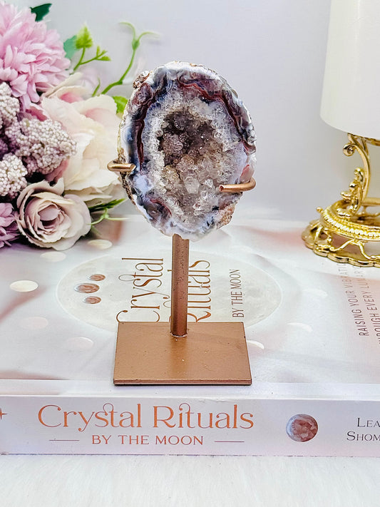 Truly Beautiful 11.5cm Druzy Agate Geode on Custom Made Gold Stand From Brazil