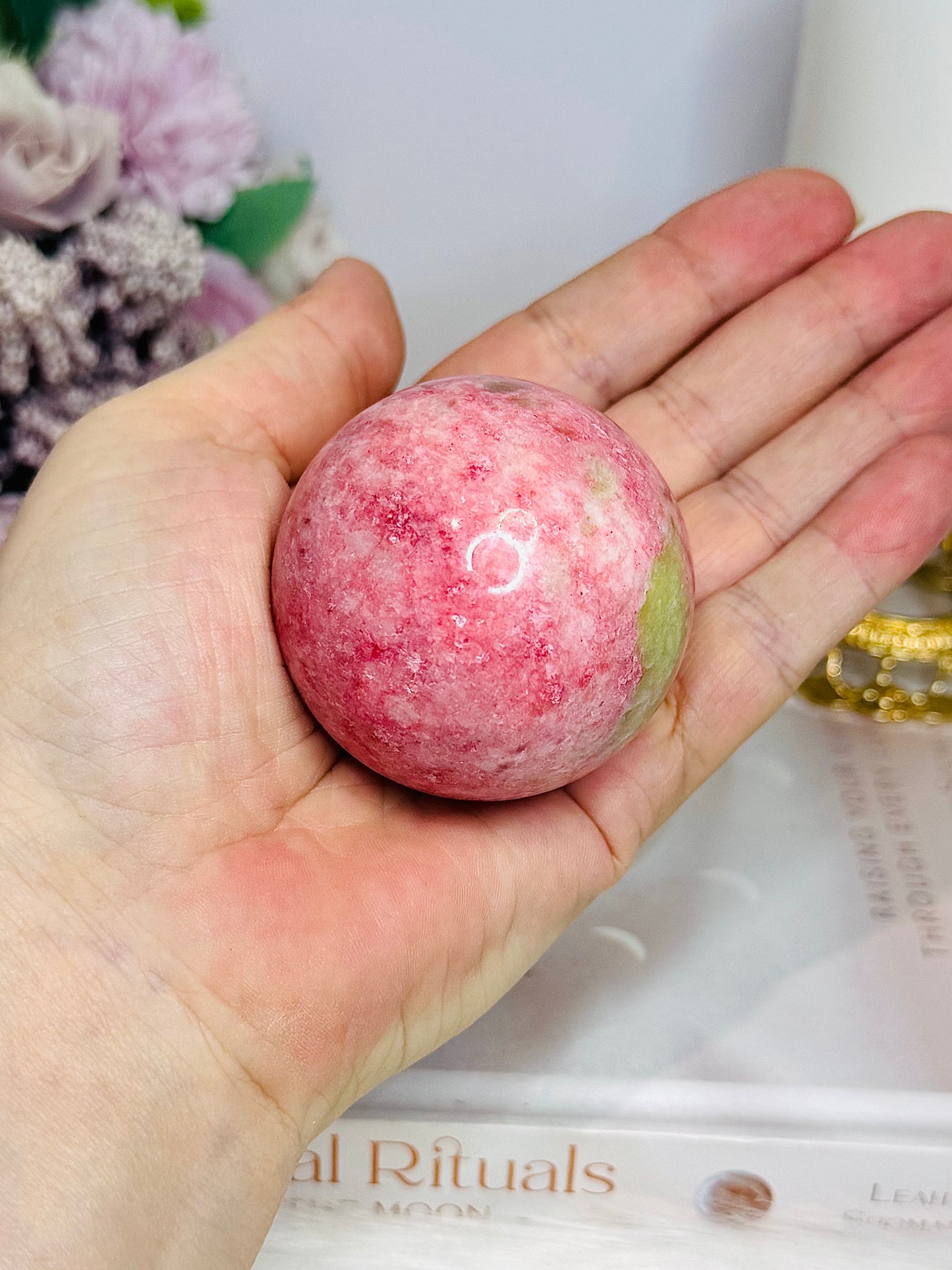 Thulite Sphere with Epidote 205g On Stand