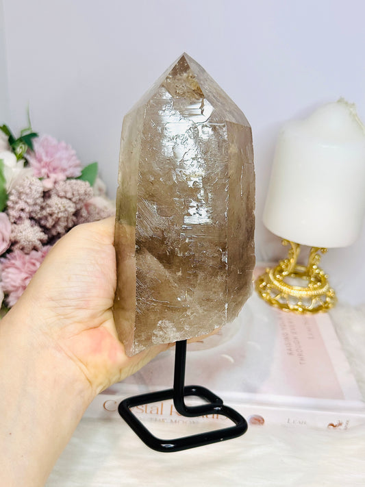 Large Natural Lemurian Smokey Quartz Tower | Freeform on Stand 21cm 1.01KG