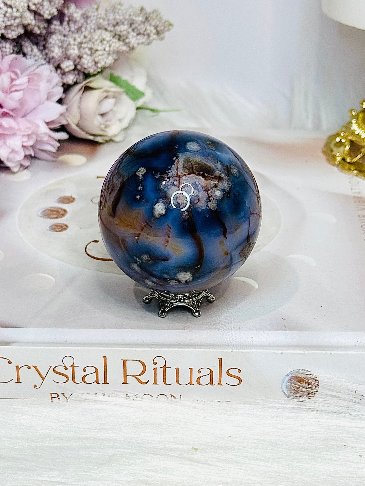 Blue Flower Agate Sphere on Stand 172g