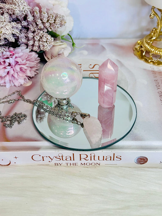 Rose Quartz Gift Set ~ Angel Aura Rose Quartz Sphere, Rose Quartz Tower & Rose Quartz Wing Necklace on Mirror Tray 10cm