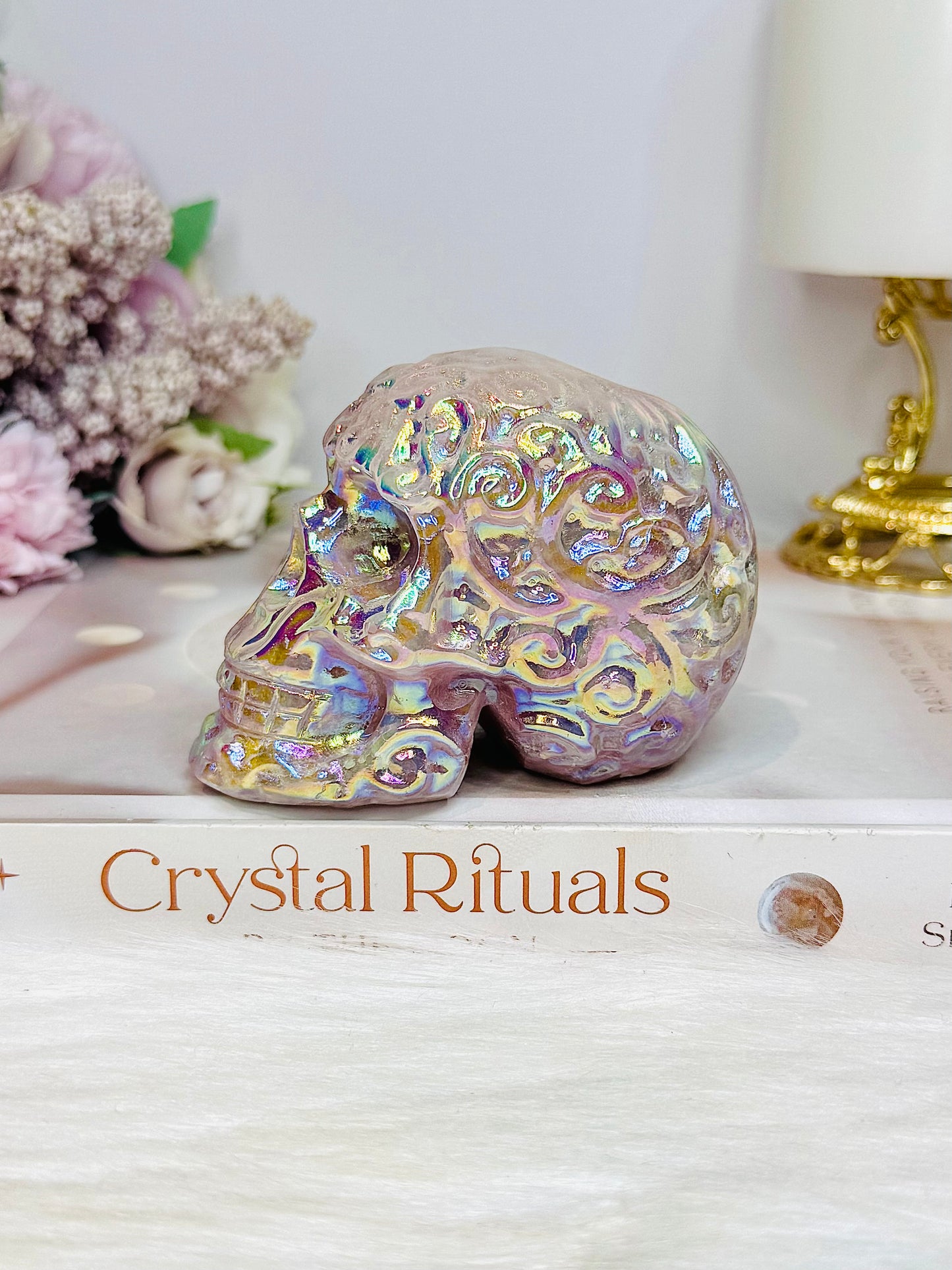 Angel Aura Rose Quartz Filigree Skull 8.5cm 349g