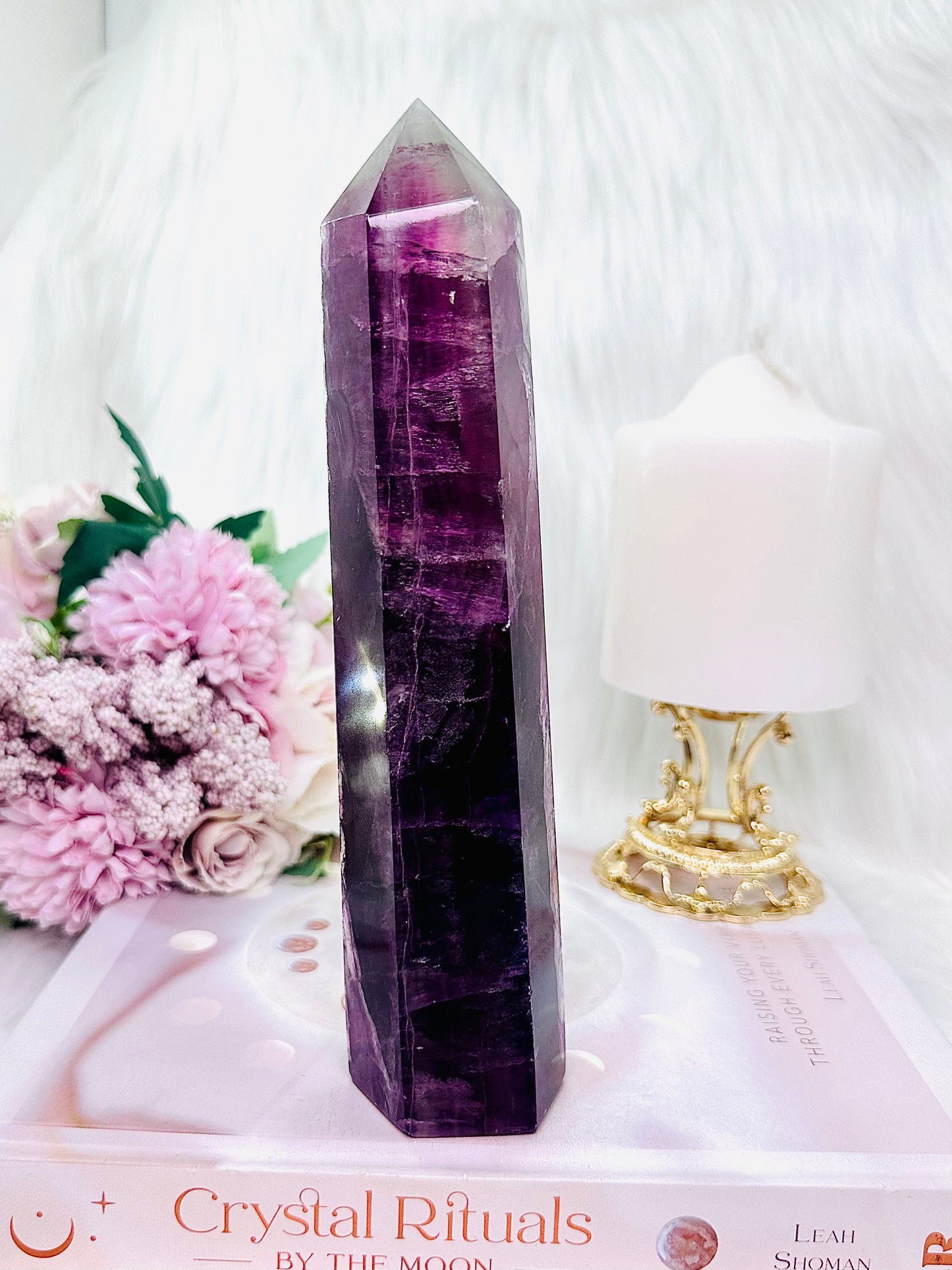 Fabulous Large 20cm Stunning Purple Fluorite Tower with Rainbows (the tower has a slight tilt)