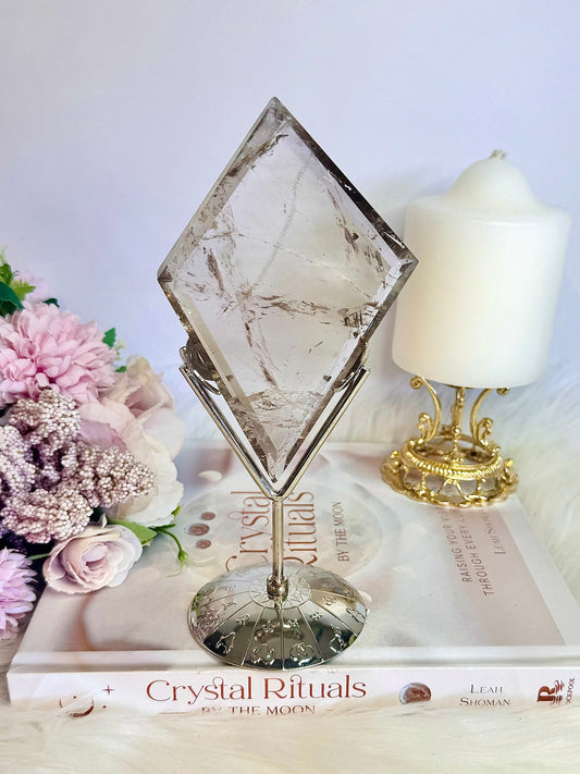 Supports Anxiety & Depression ~ Large 19cm (inc stand) Natural Smokey Quartz Carved Diamond On Silver Stand