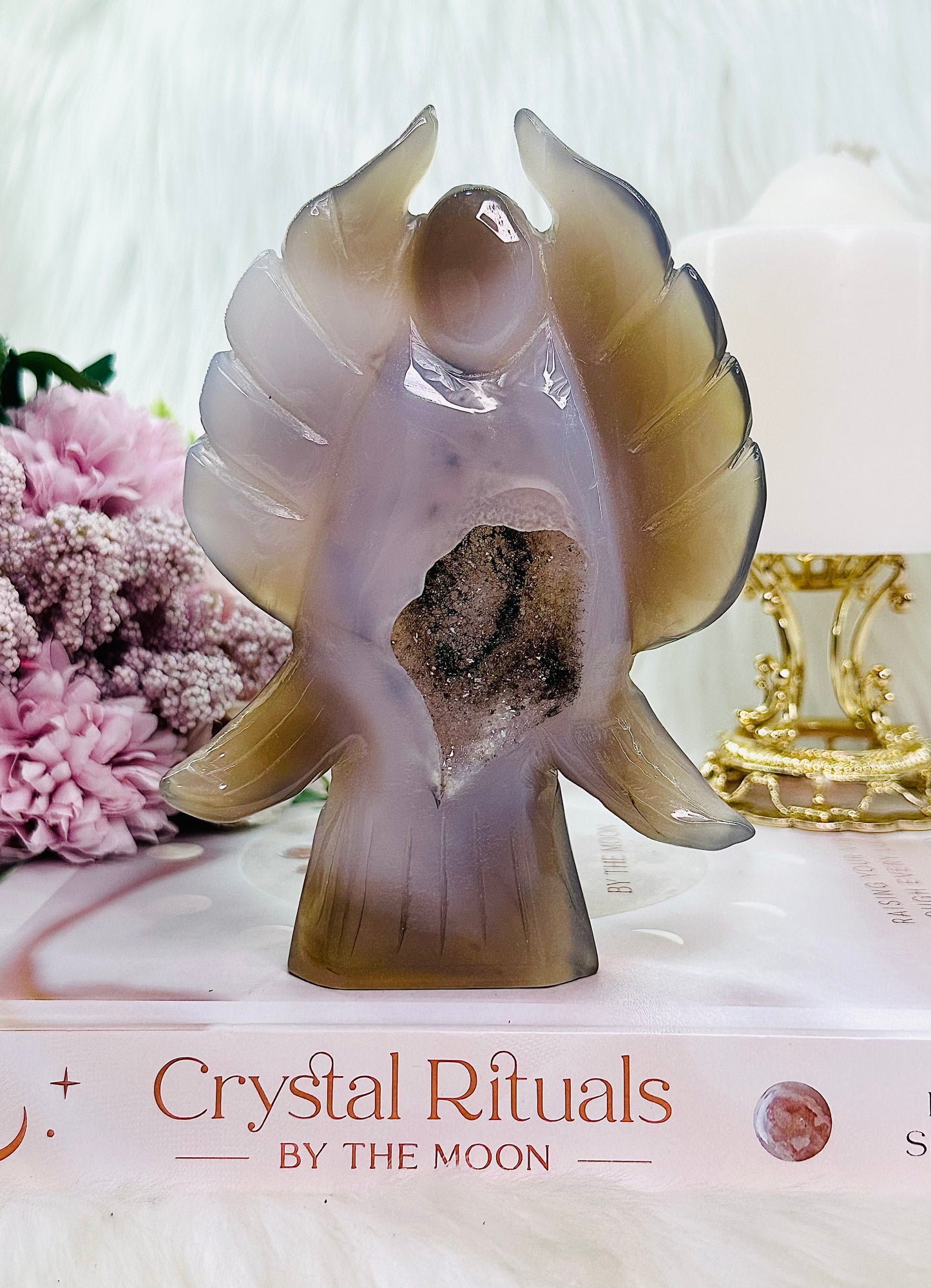 Powerful Healing Stone - Stunning Druzy Agate Crystal Angel Carving 15cm