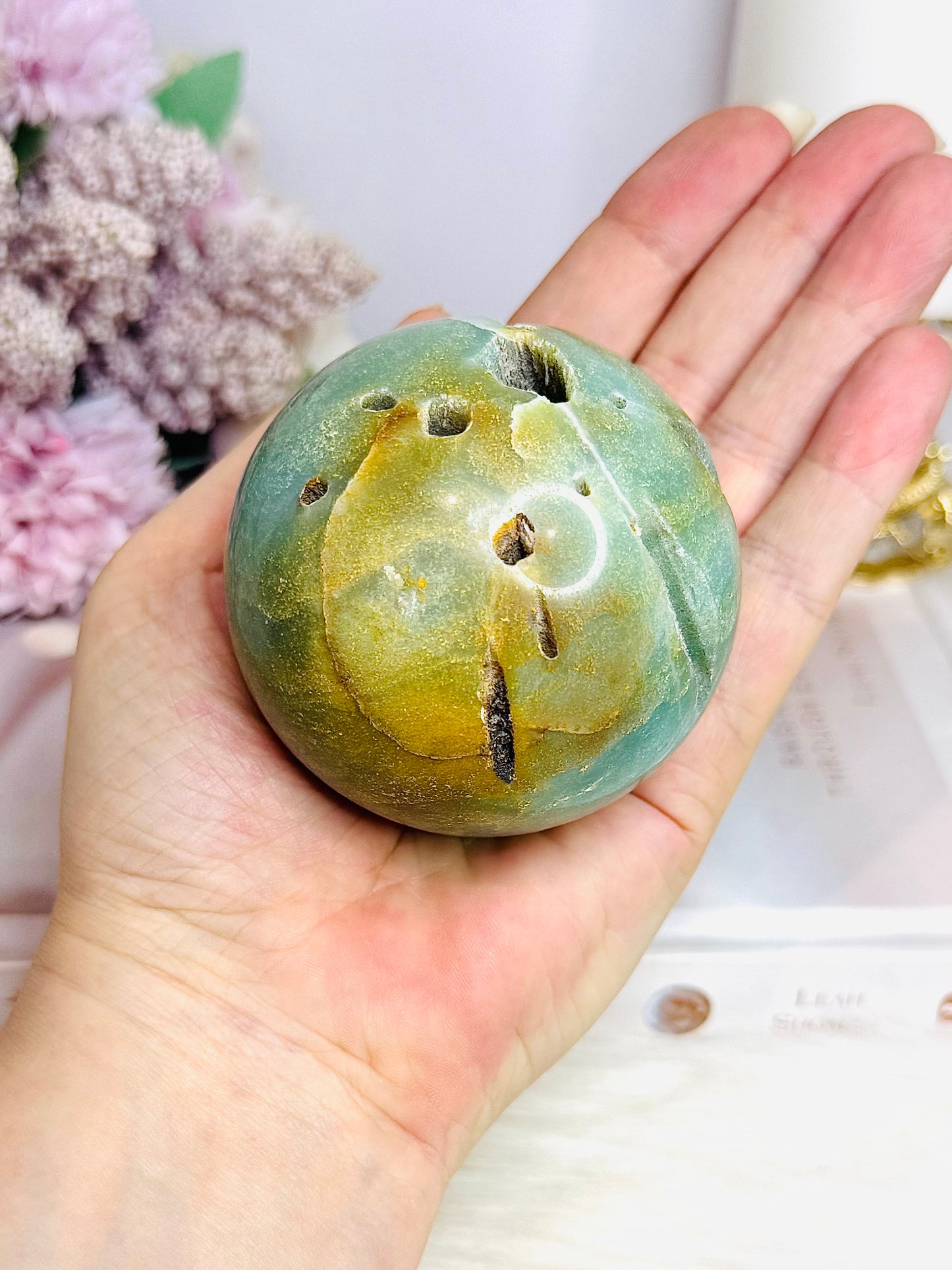 Druzy Sky Blue Quartz Sphere with Imperfections (chip) on Stand 360g