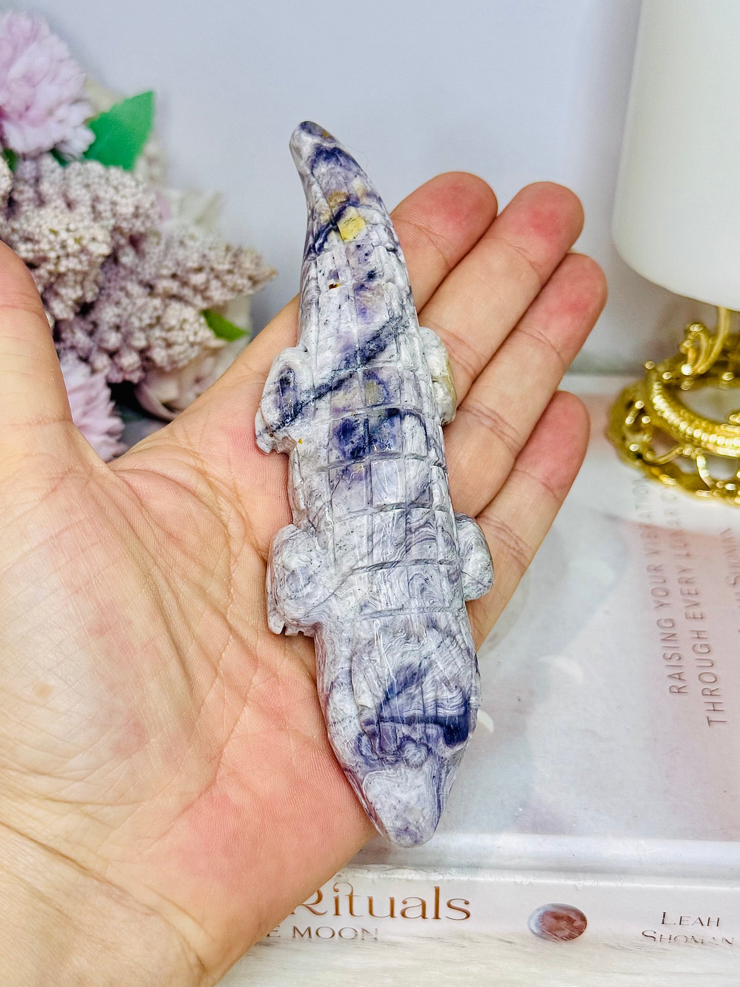 Carved Tiffany Stone Crocodile 14cm