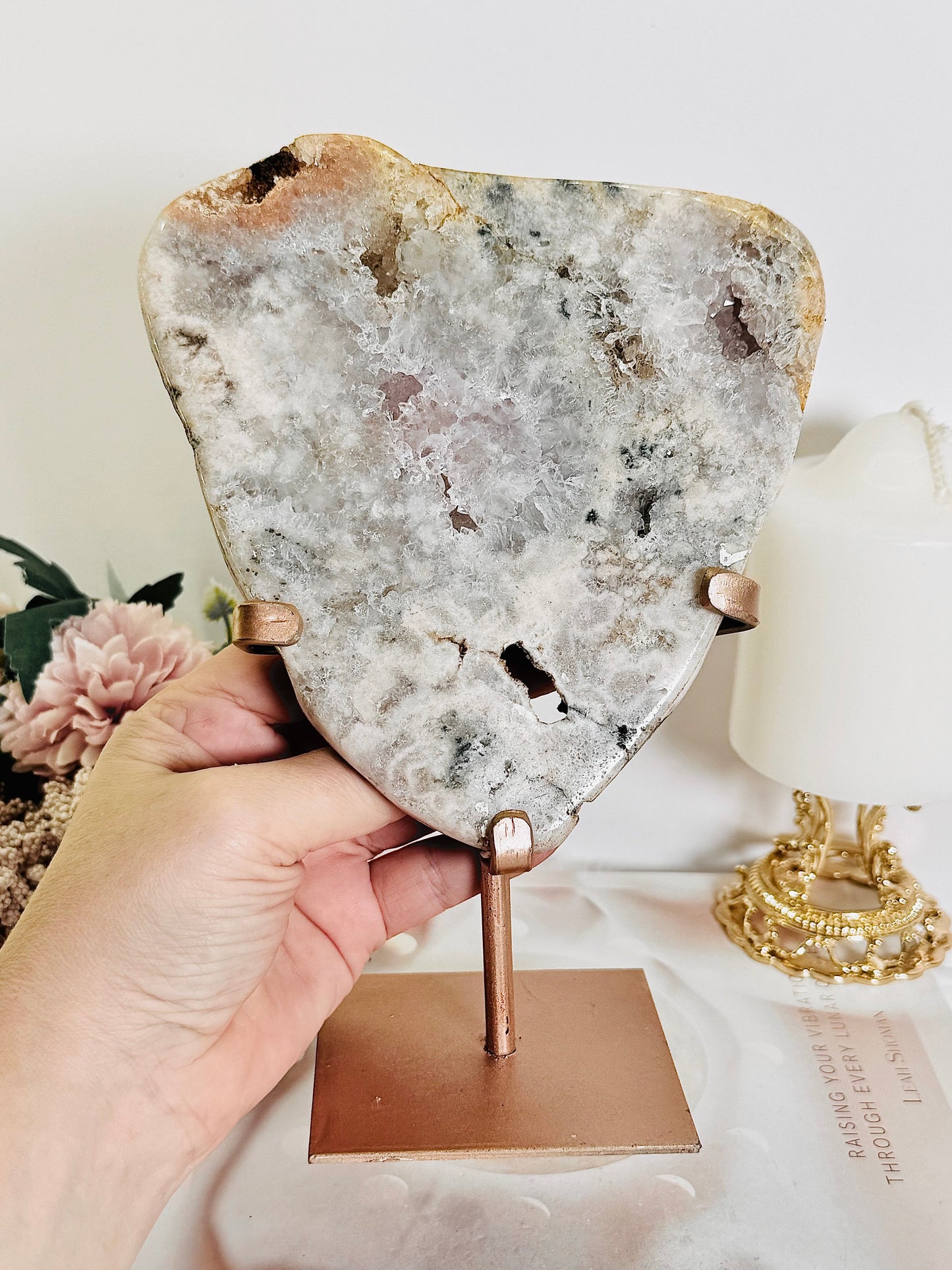 Large 21cm Natural Pink Amethyst Druzy Slab On Rose Gold Stand