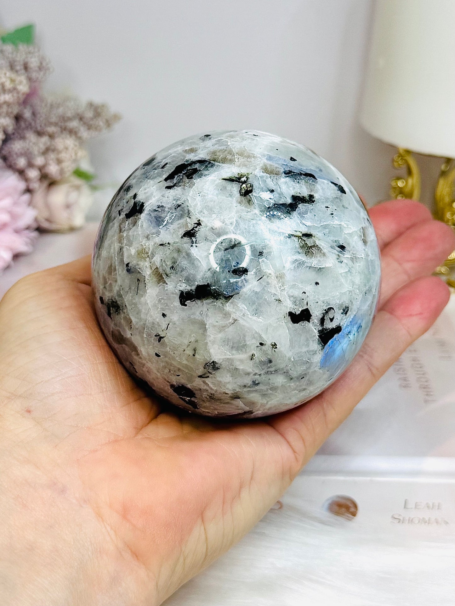 Large Rainbow Moonstone Sphere on Stand with Blue Flash 617g