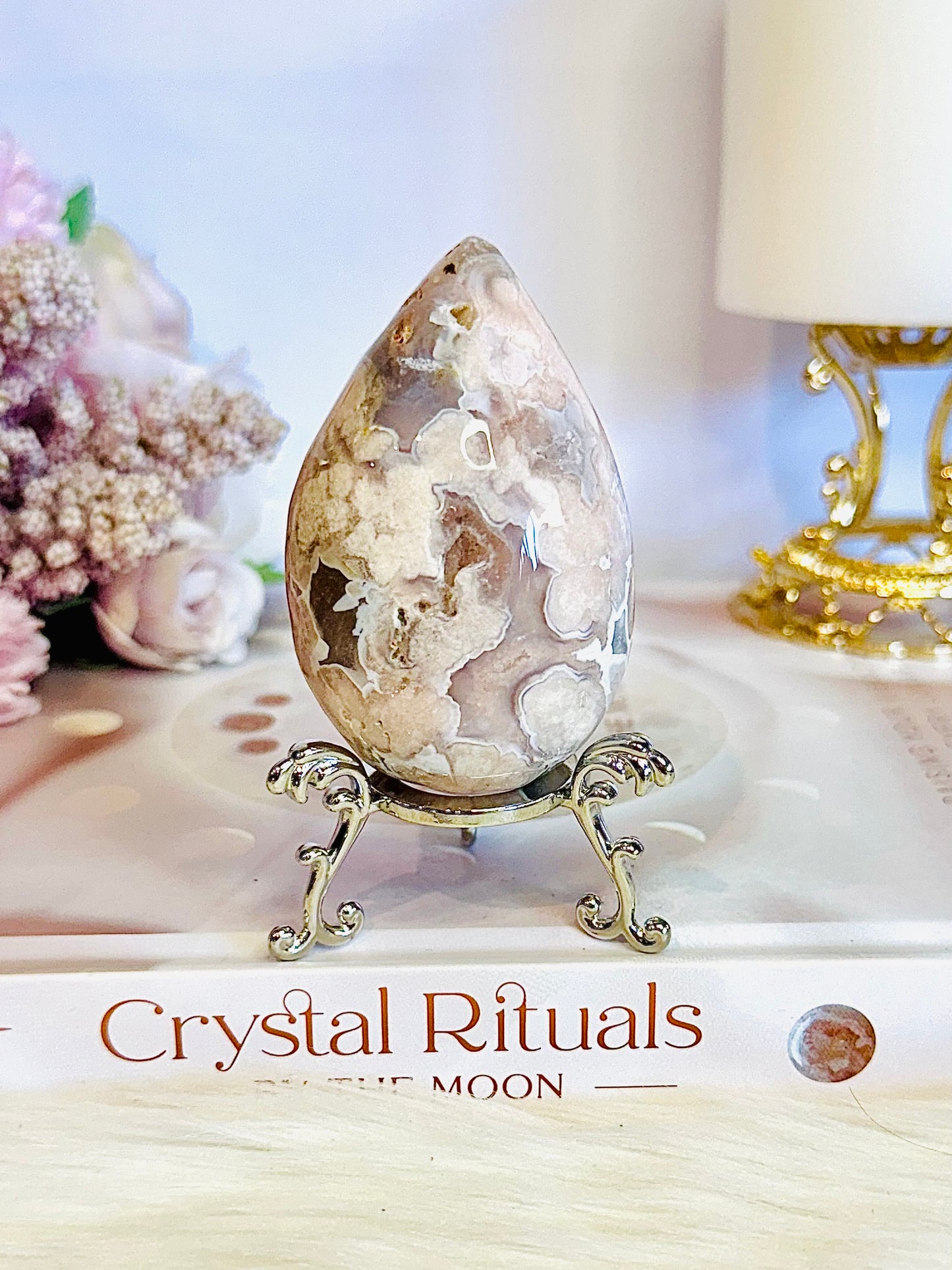 Stunning Flower Agate Carved Druzy Egg on Stand From Madagascar