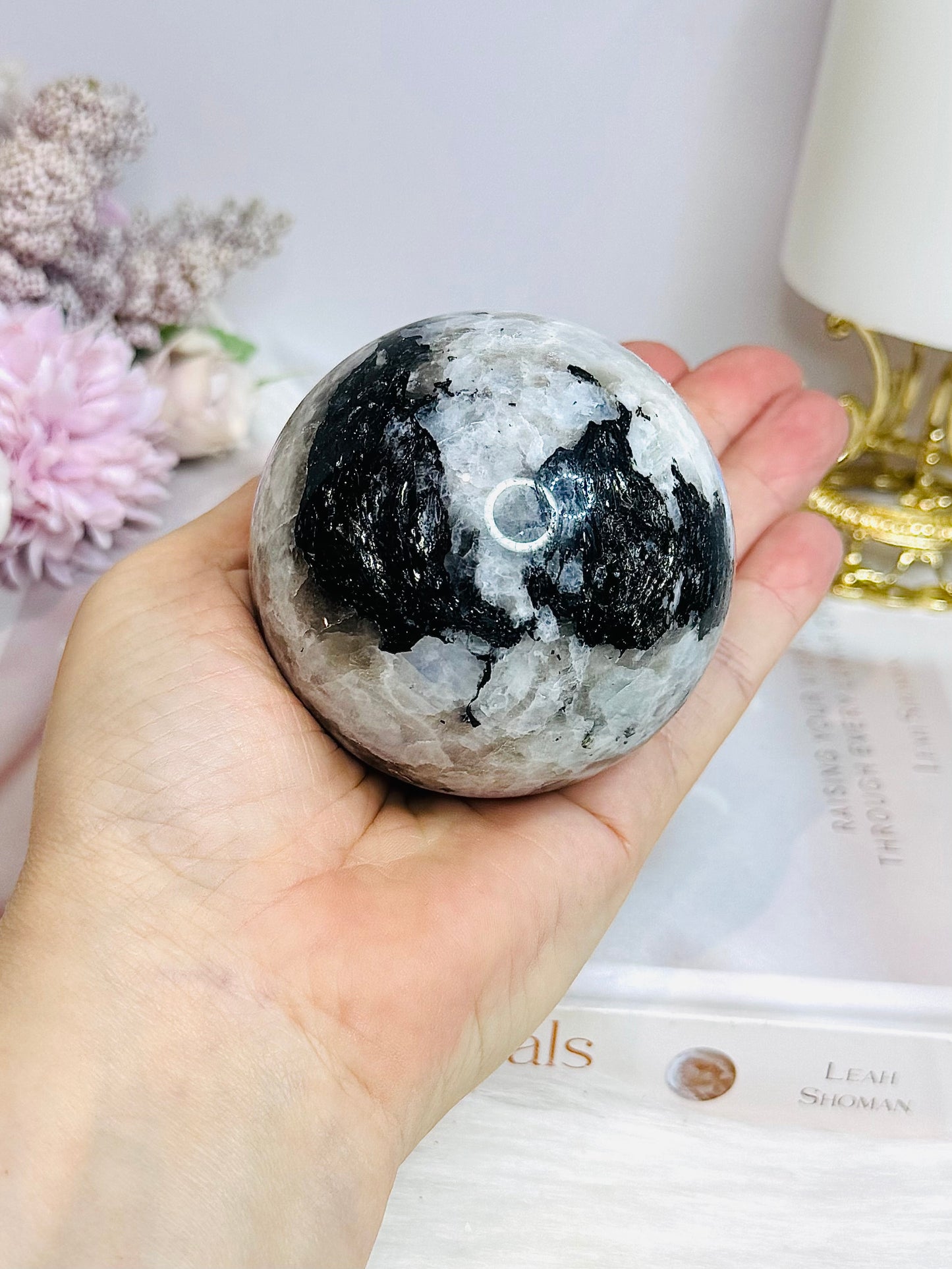 Large Rainbow Moonstone Sphere with Blue Flash 464g