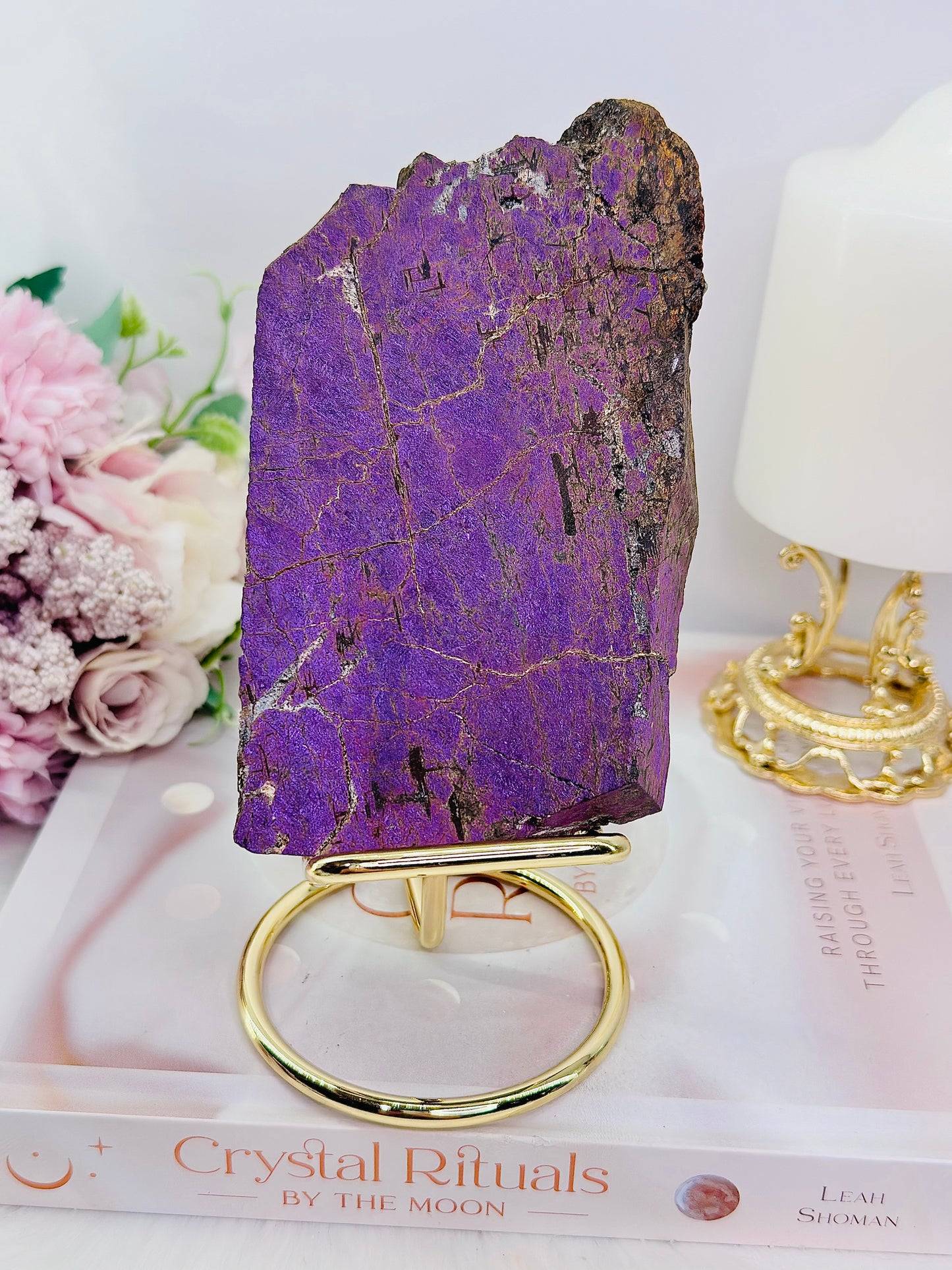 Incredible Rare Natural Velvet Purpurite Large Slab On Gold Stand 578grams