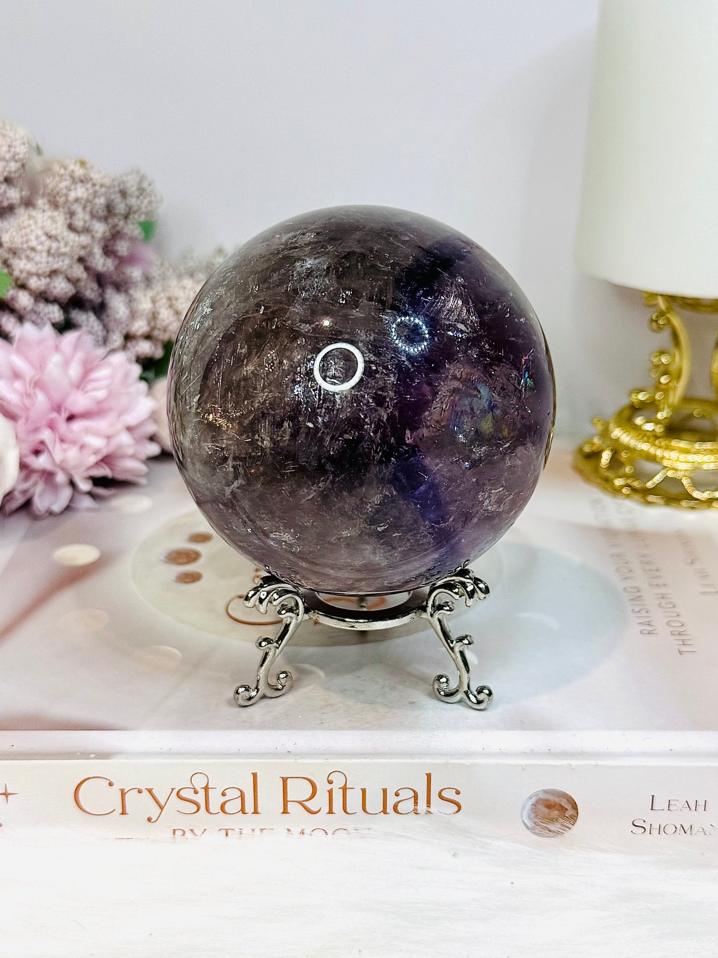 Large High Grade Phantom Amethyst Sphere with Rainbows On Stand 665g