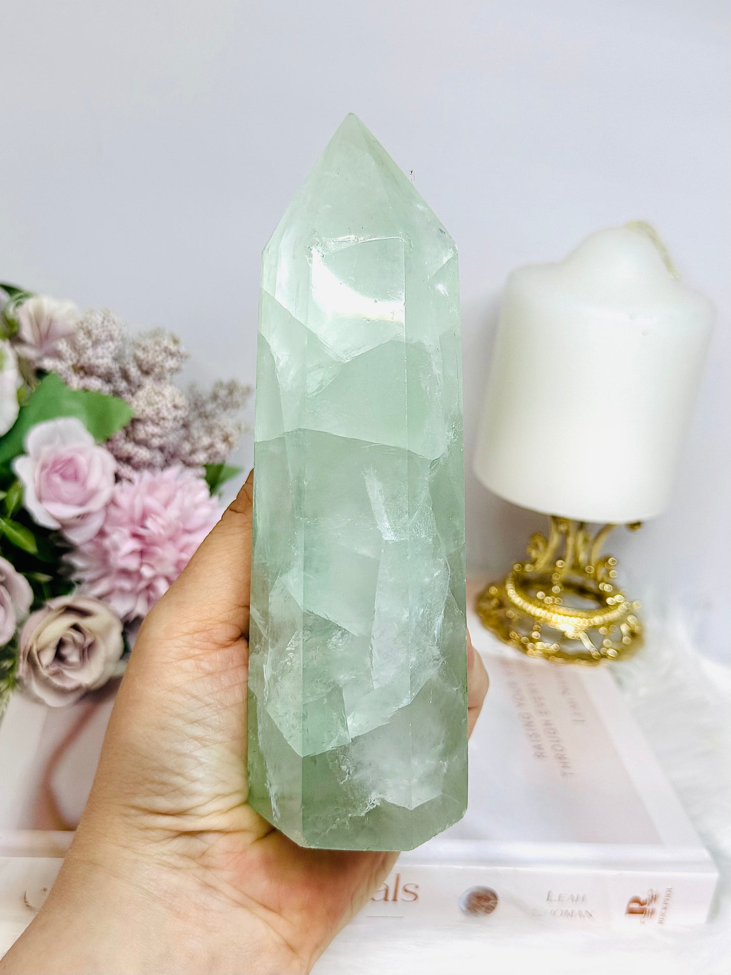 Large Green Fluorite Tower with Rainbows 15.5cm 650g