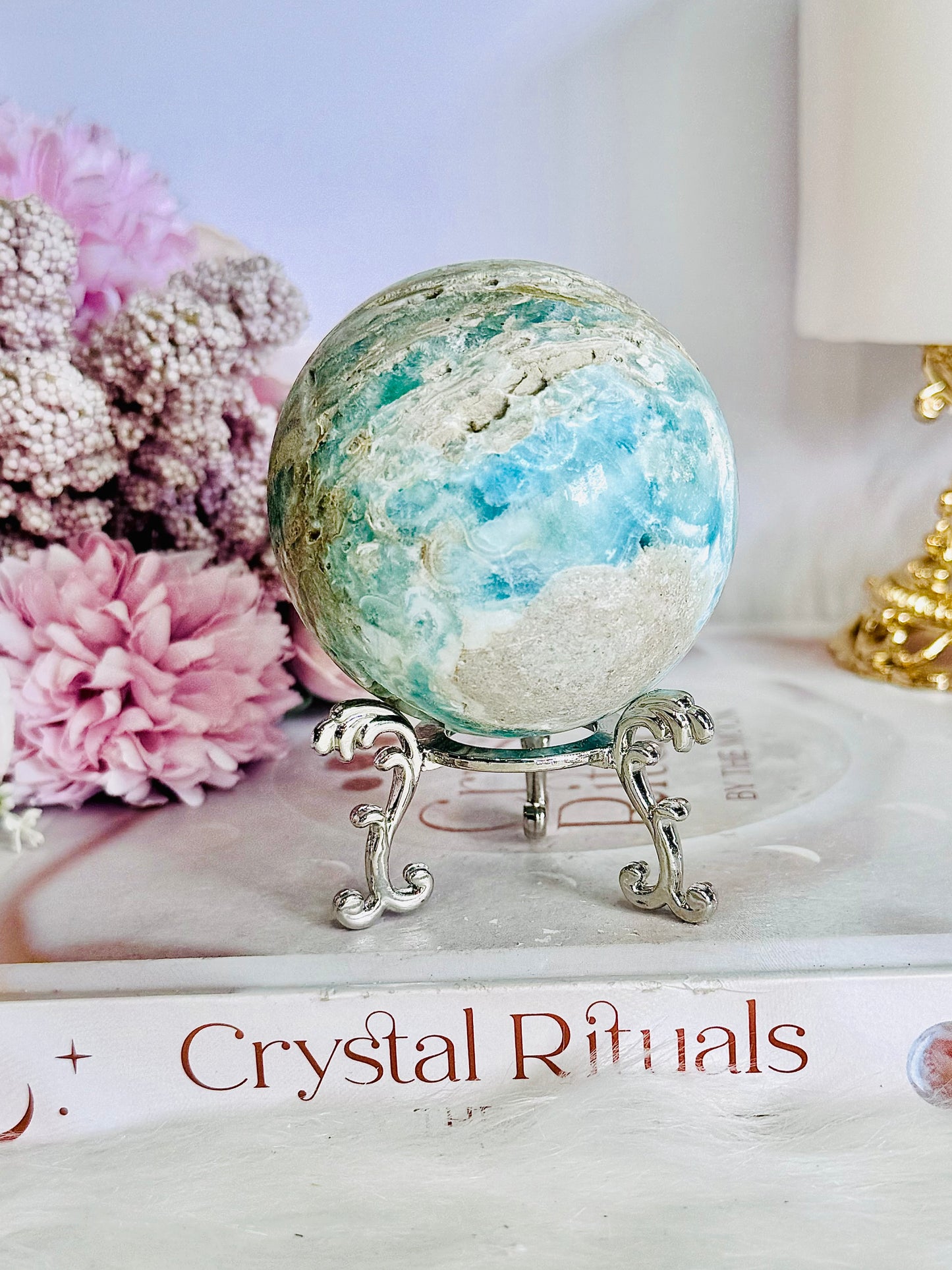 Beautiful Natural Blue Caribbean Calcite Sphere On Stand 304grams