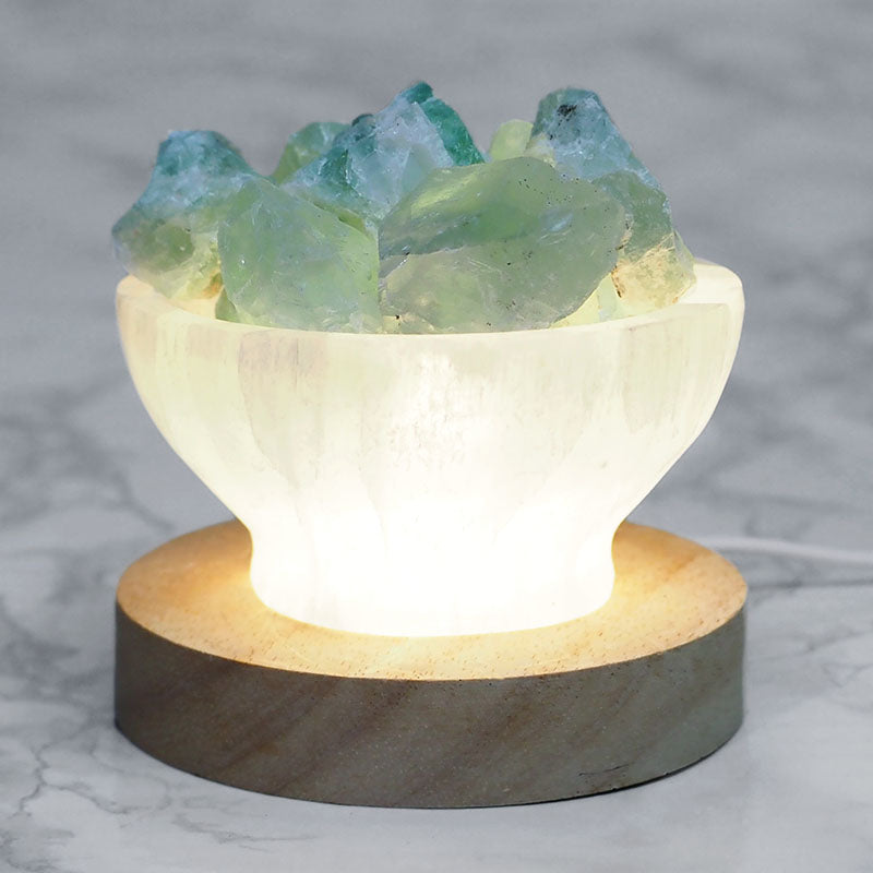 Divine Selenite Fire Bowl / Lamp With Green & Purple Fluorite Rough on Large LED Base