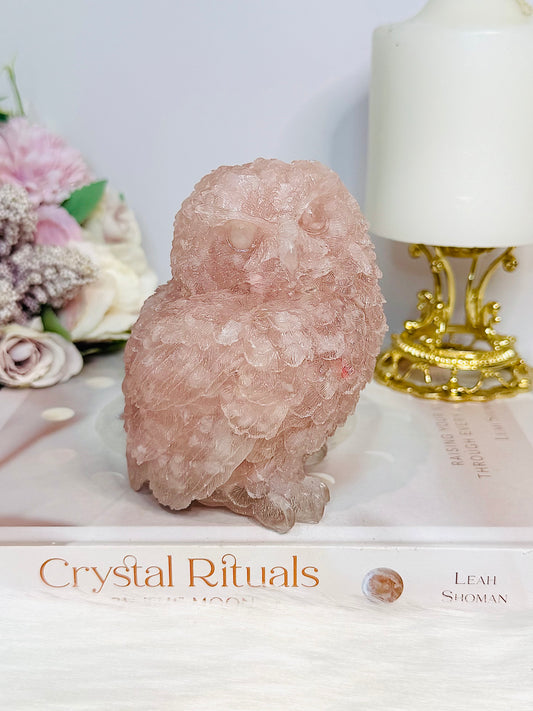 Large Rose Quartz Filled Resin Owl 10cm 639g