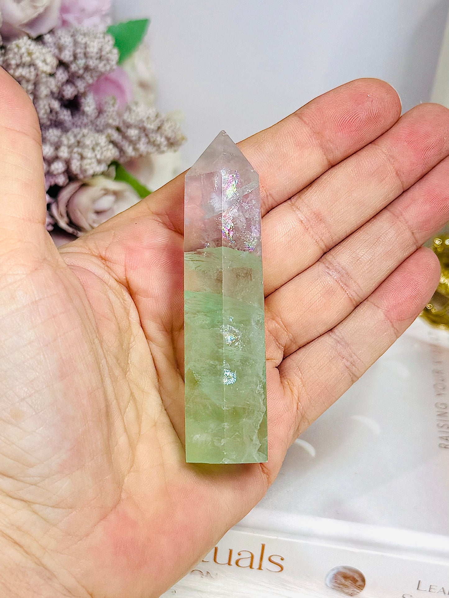 High Grade Watermelon Fluorite Tower with Rainbows 8cm