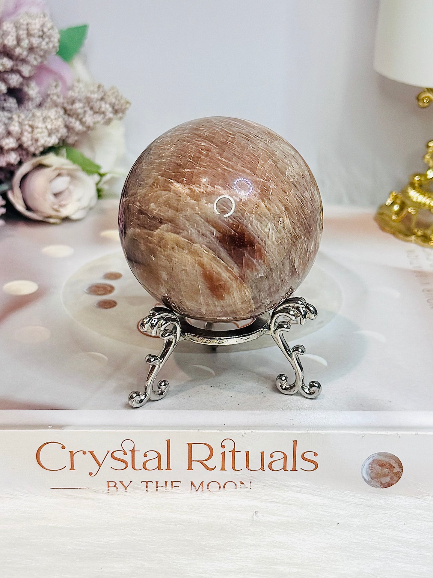 High Grade Moonstone X Sunstone Sphere On Stand 253g
