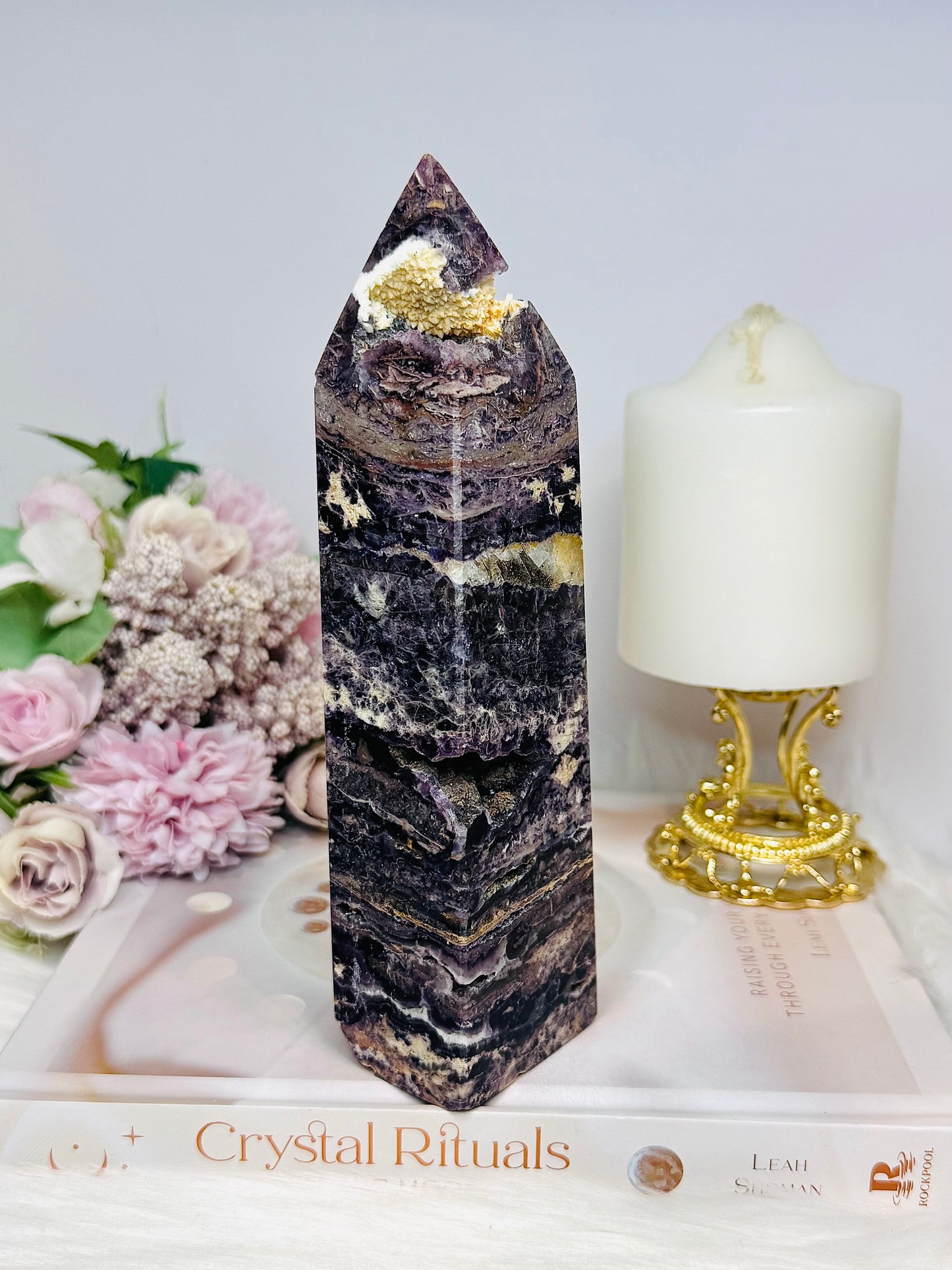 Large Purple Fluorite X Sphalerite Druzy Tower 19cm 768g