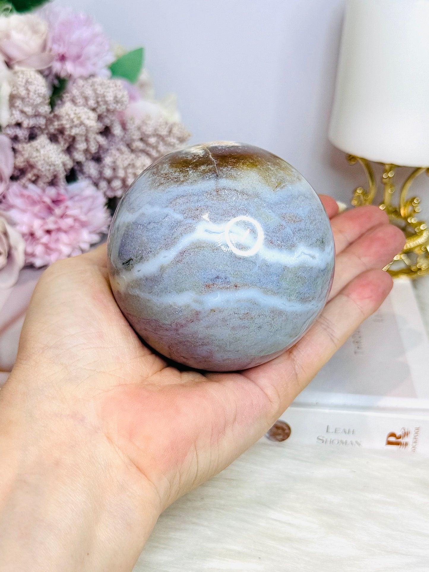 Large Ocean Jasper Sphere on Timber Stand 605g