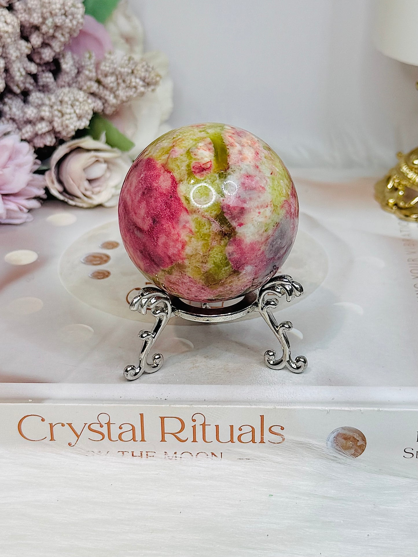 Thulite Sphere with Epidote 208g On Stand