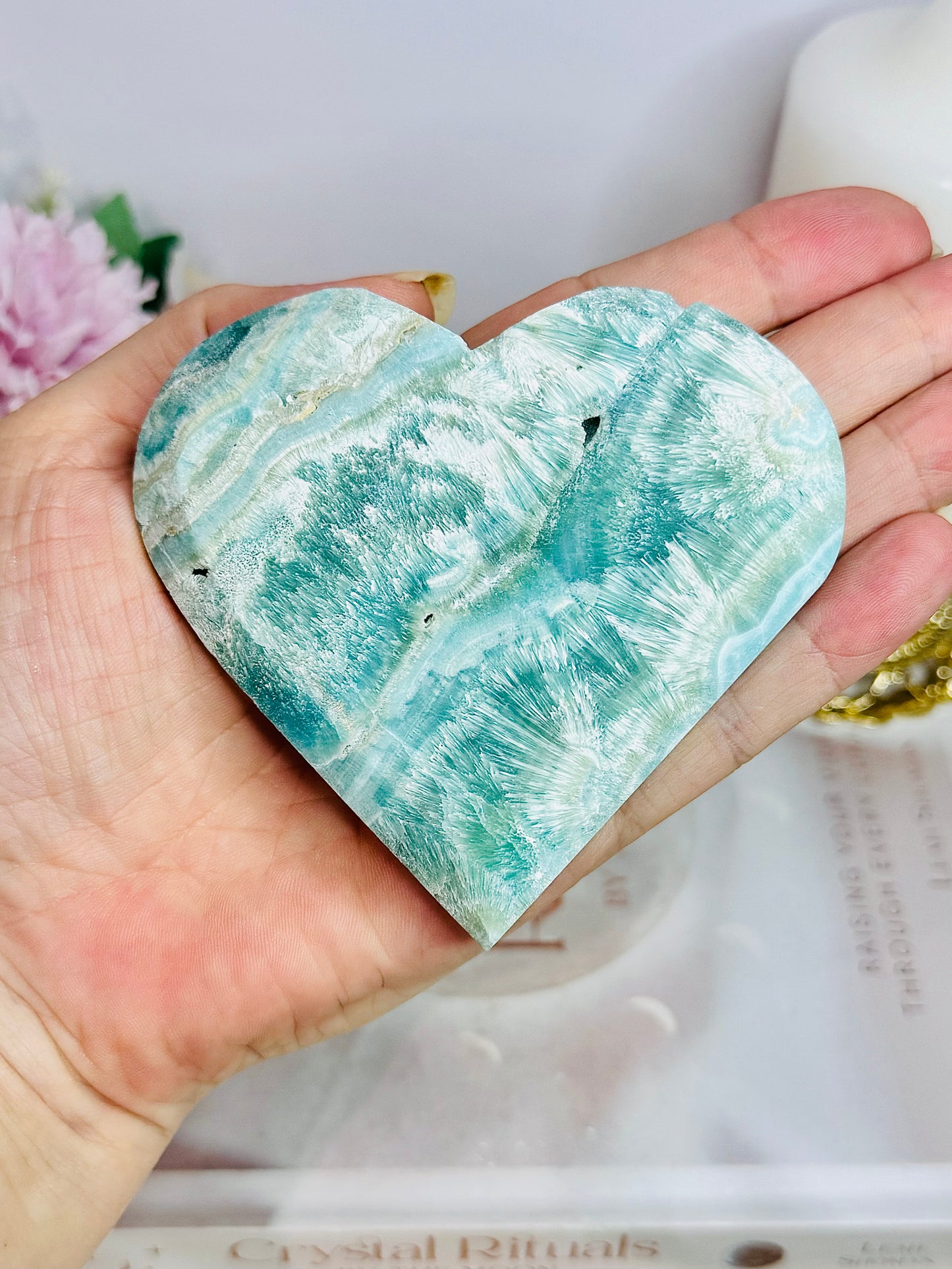 High Grade Blue Caribbean Calcite Carved Heart 9cm