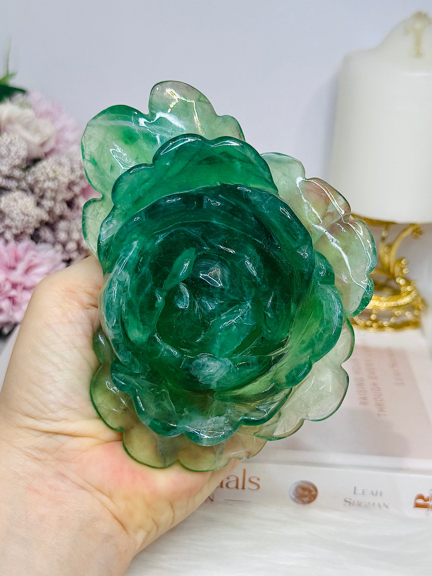 Large Green Fluorite Carved Flower 13cm