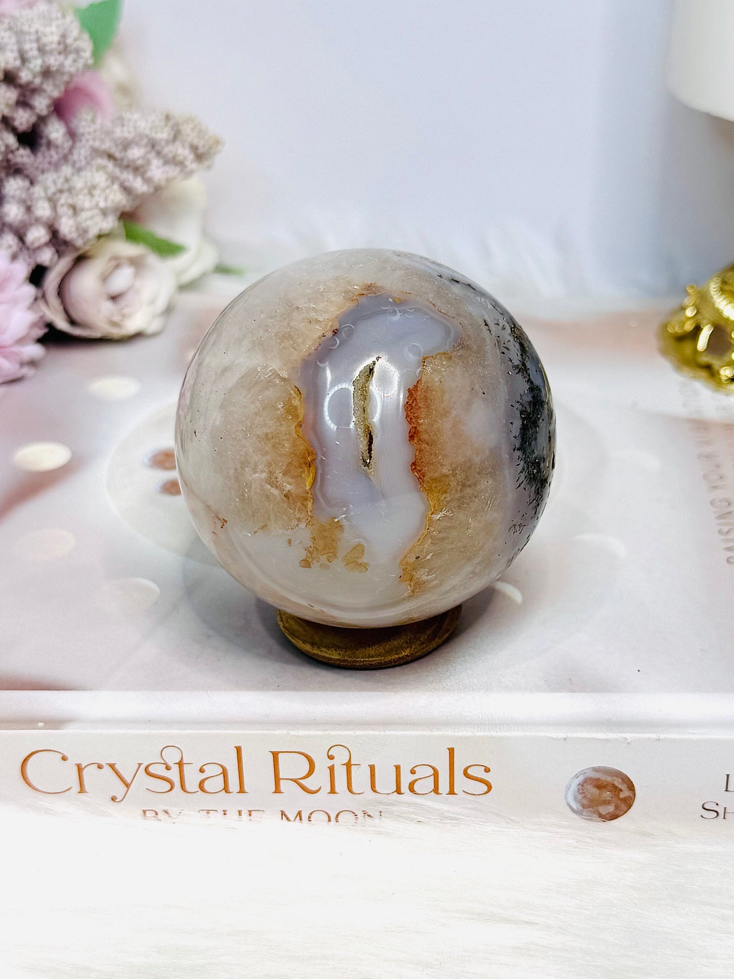 Natural Dentrictic Agate Druzy Sphere On Stand 333g