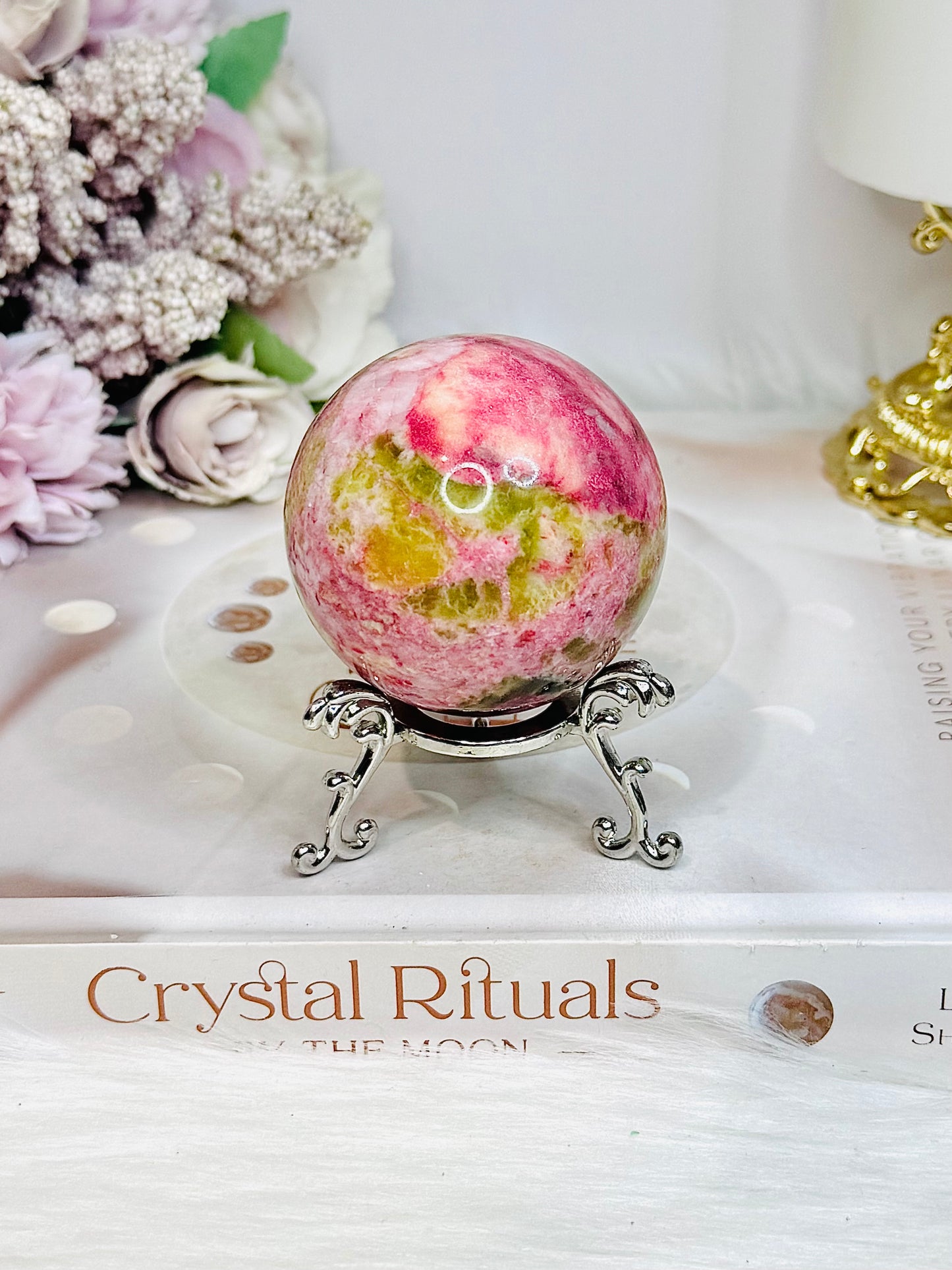 Thulite Sphere with Epidote 208g On Stand