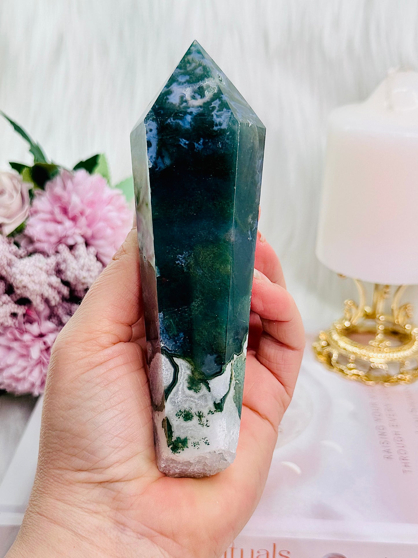 Peace & Tranquility ~ Divine Large 18cm On Silver Stand Gorgeous Moss Agate Point | Obelisk | Tower