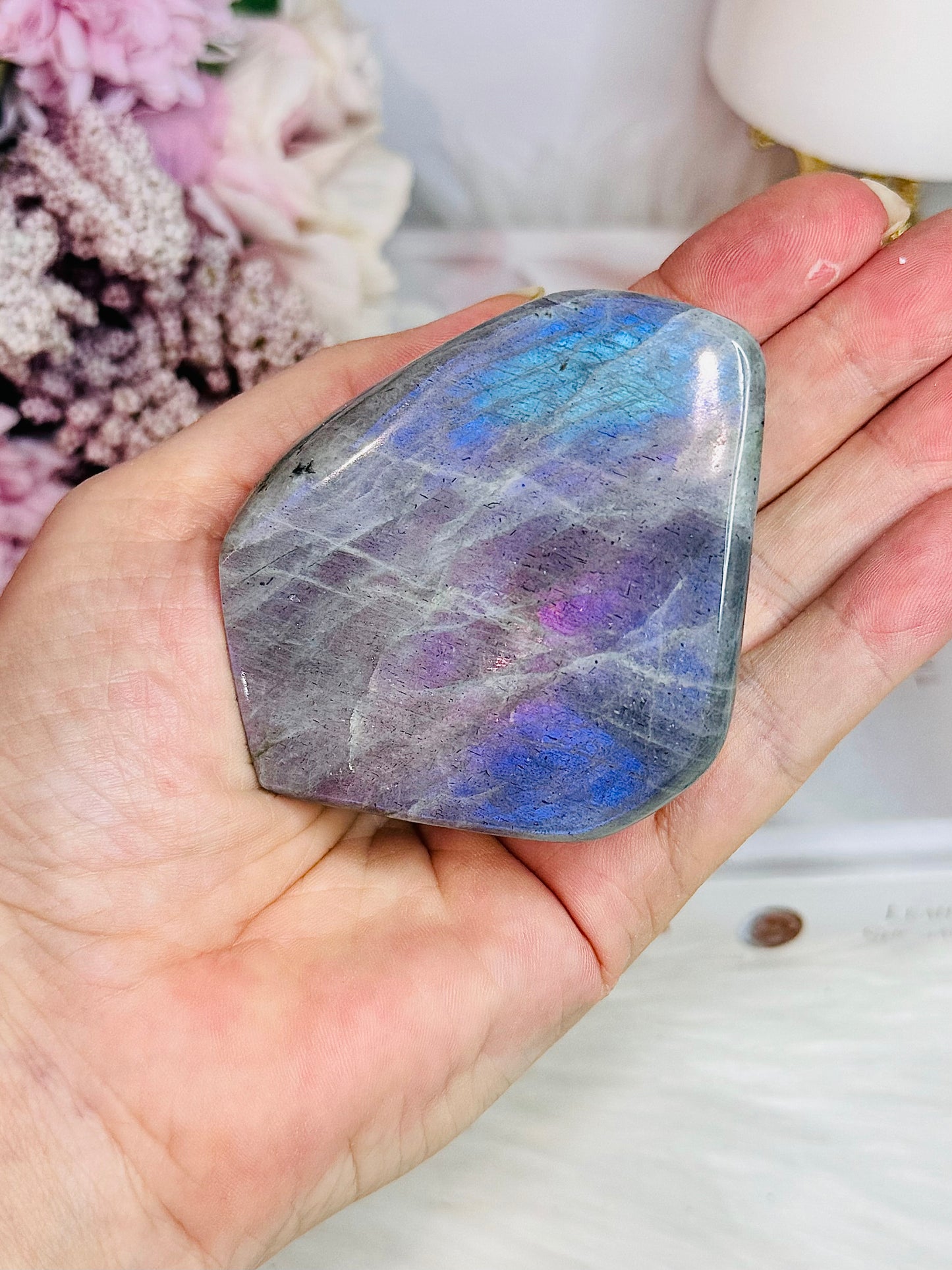 Natural Labradorite Polished Freeform With Gorgeous Pink Purple & Blue Flash 7cm