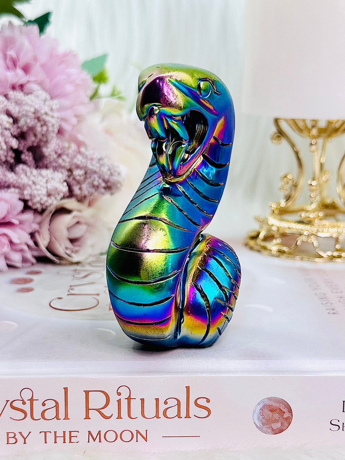 Fertility & Rebirth ~ Amazing Perfectly Carved Titanium Aura Quartz Bright Colourful Snake