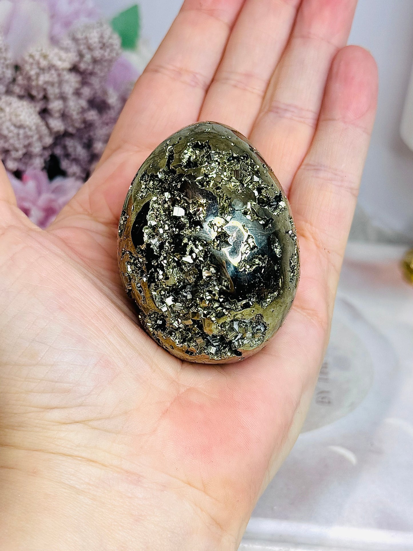 Natural Pyrite Druzy Egg on Stand 6cm 210g