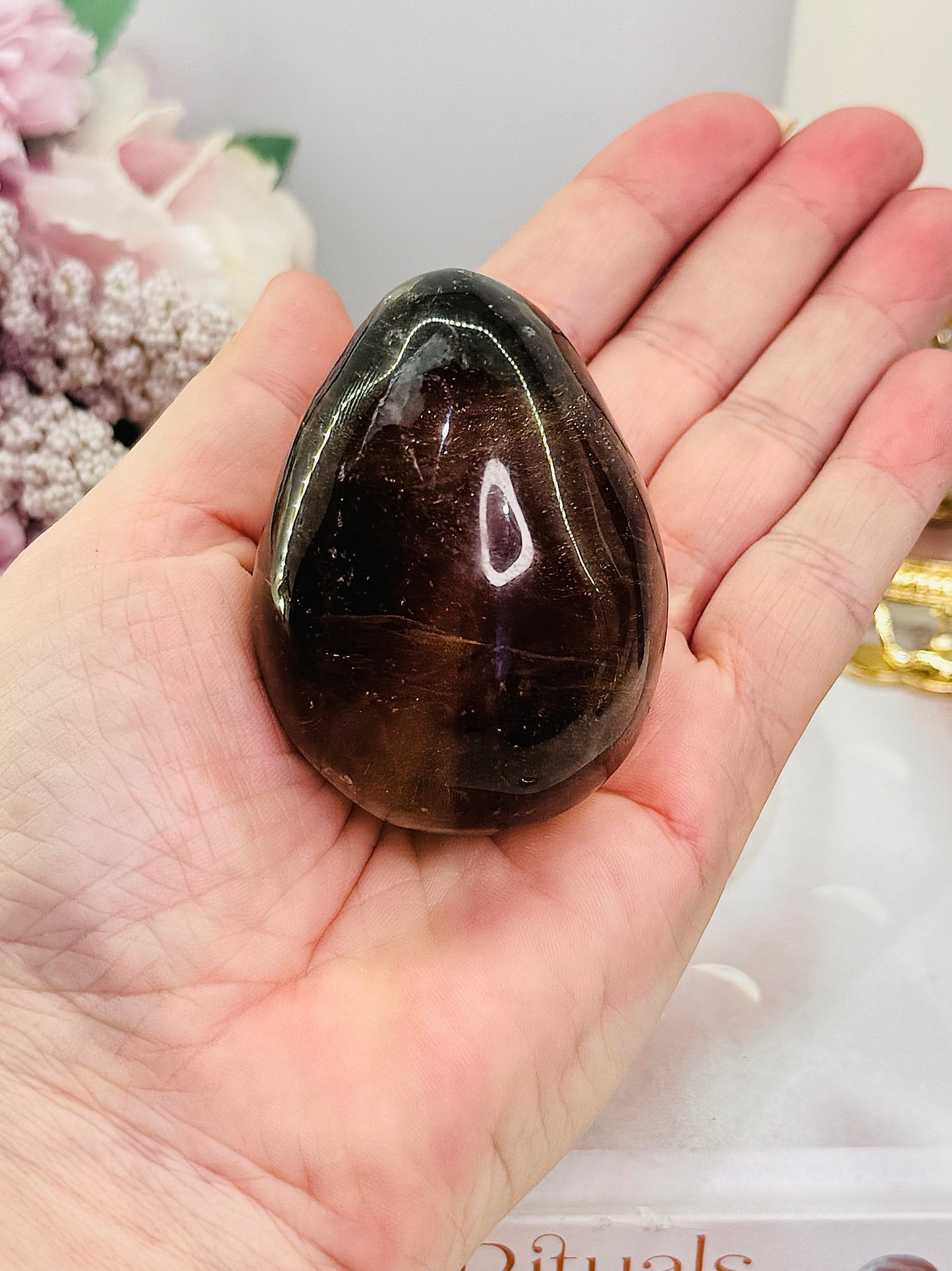 Unique Smokey Quartz Carved Polished Egg 172grams on Stand