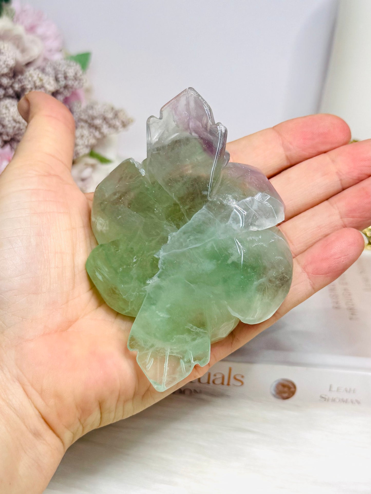 Watermelon Fluorite Carved Flower | Rose On Stand 10cm 250g