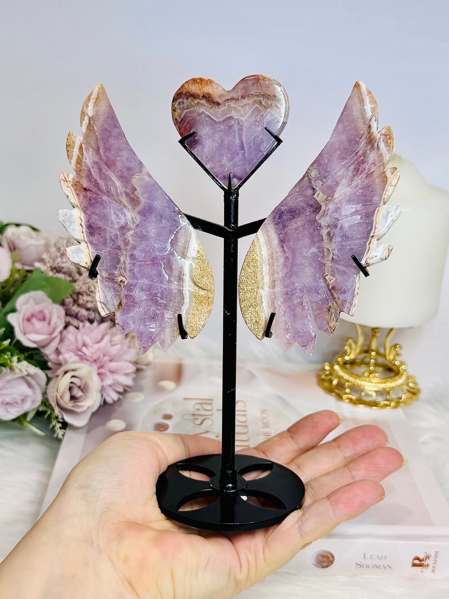Crazy Lace Amethyst Carved Heart with Angel Wings on Stand 19cm