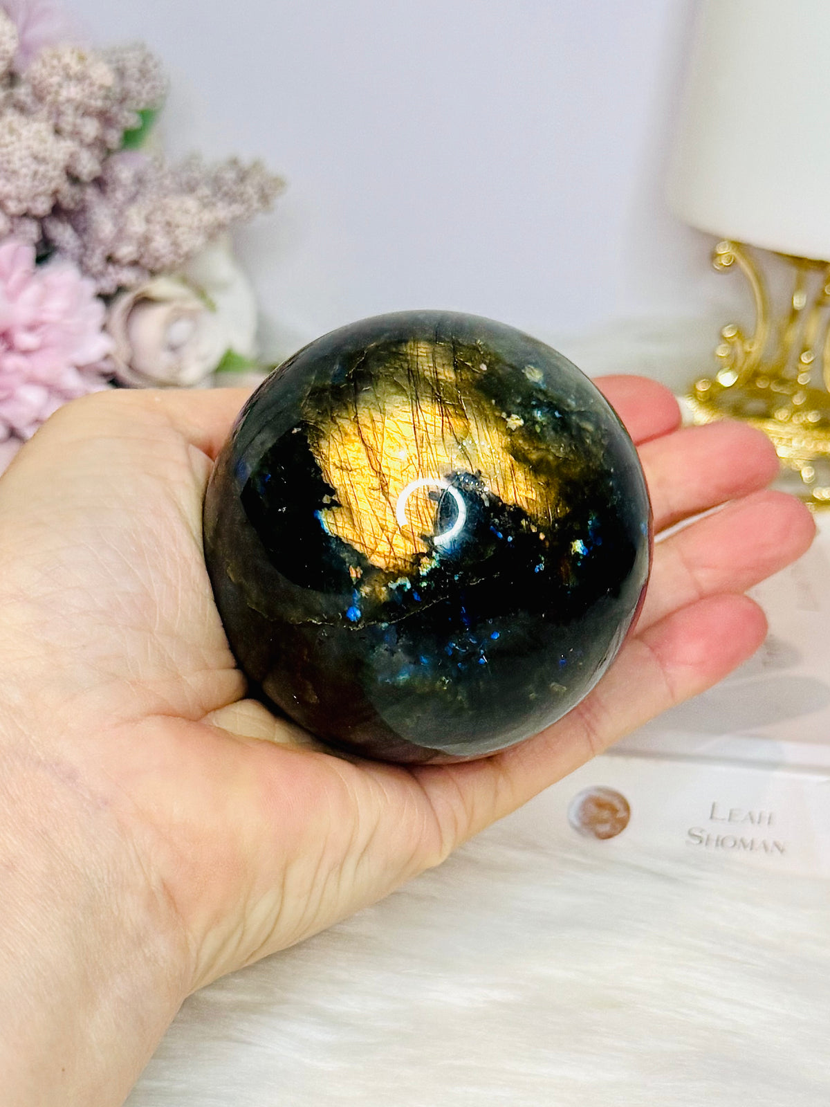 Large Labradorite Sphere 449g On Silver Stand (stand used in pic is display only)
