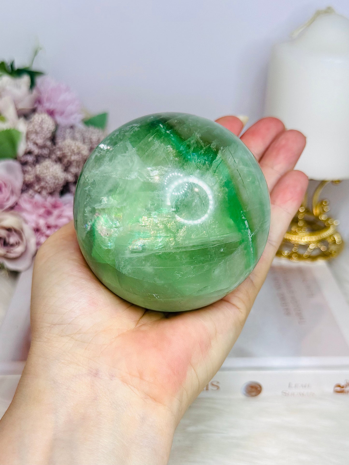 Large Green Fluorite Sphere Full of Rainbows 777g
