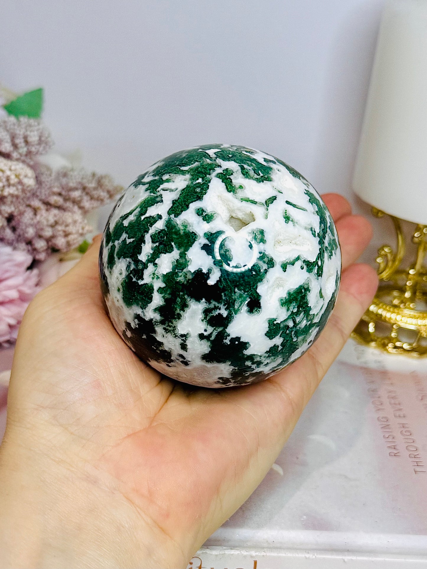 Large Druzy Moss Agate Sphere on Stand 515g