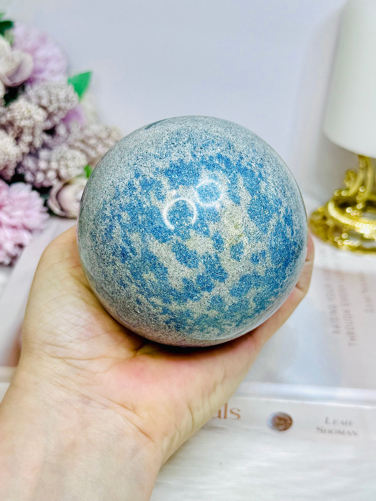 Large K2 Granite with Azurite Sphere On Stand 770g